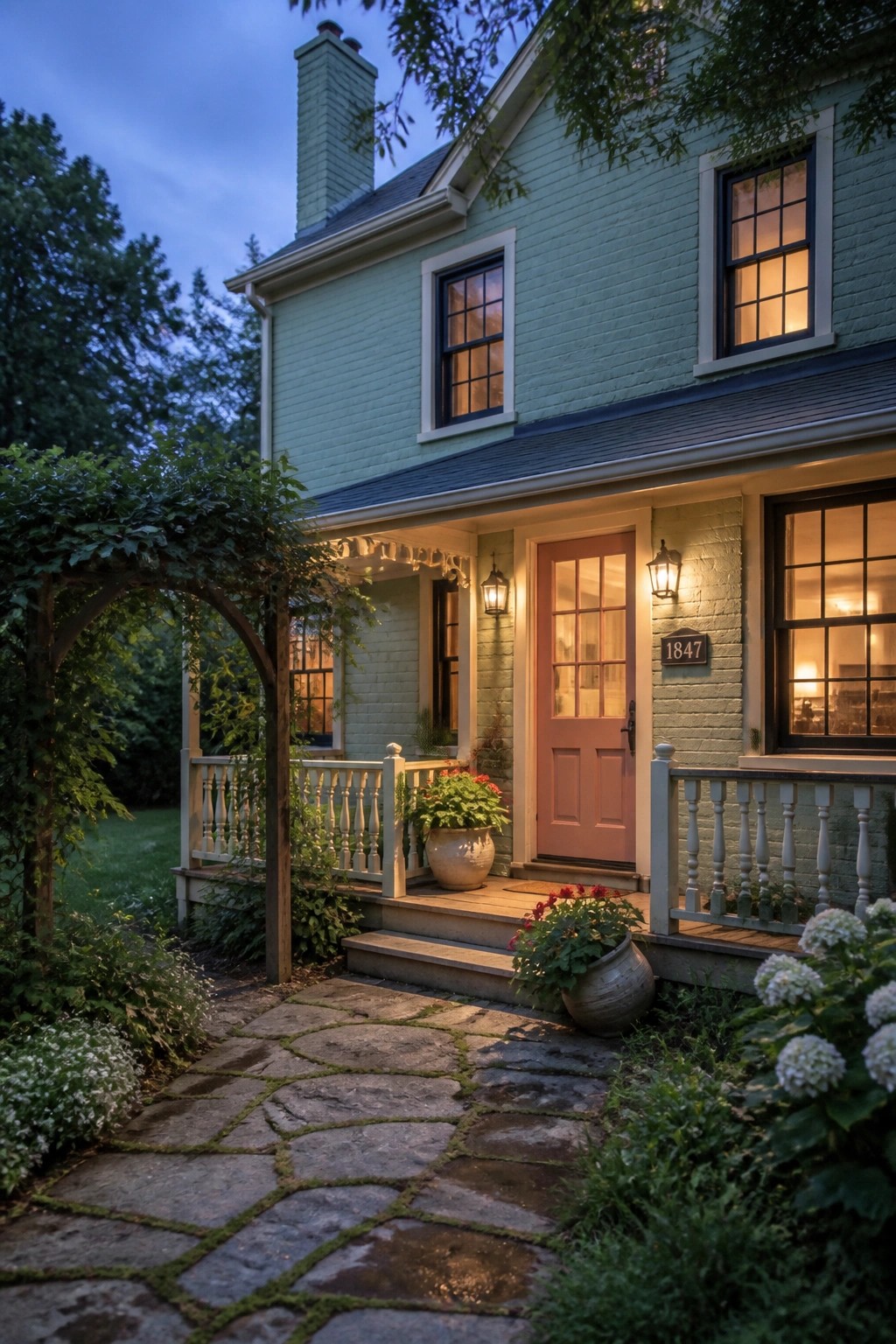 Charming light green brick house with coral door, glowing windows, and stone path at dusk