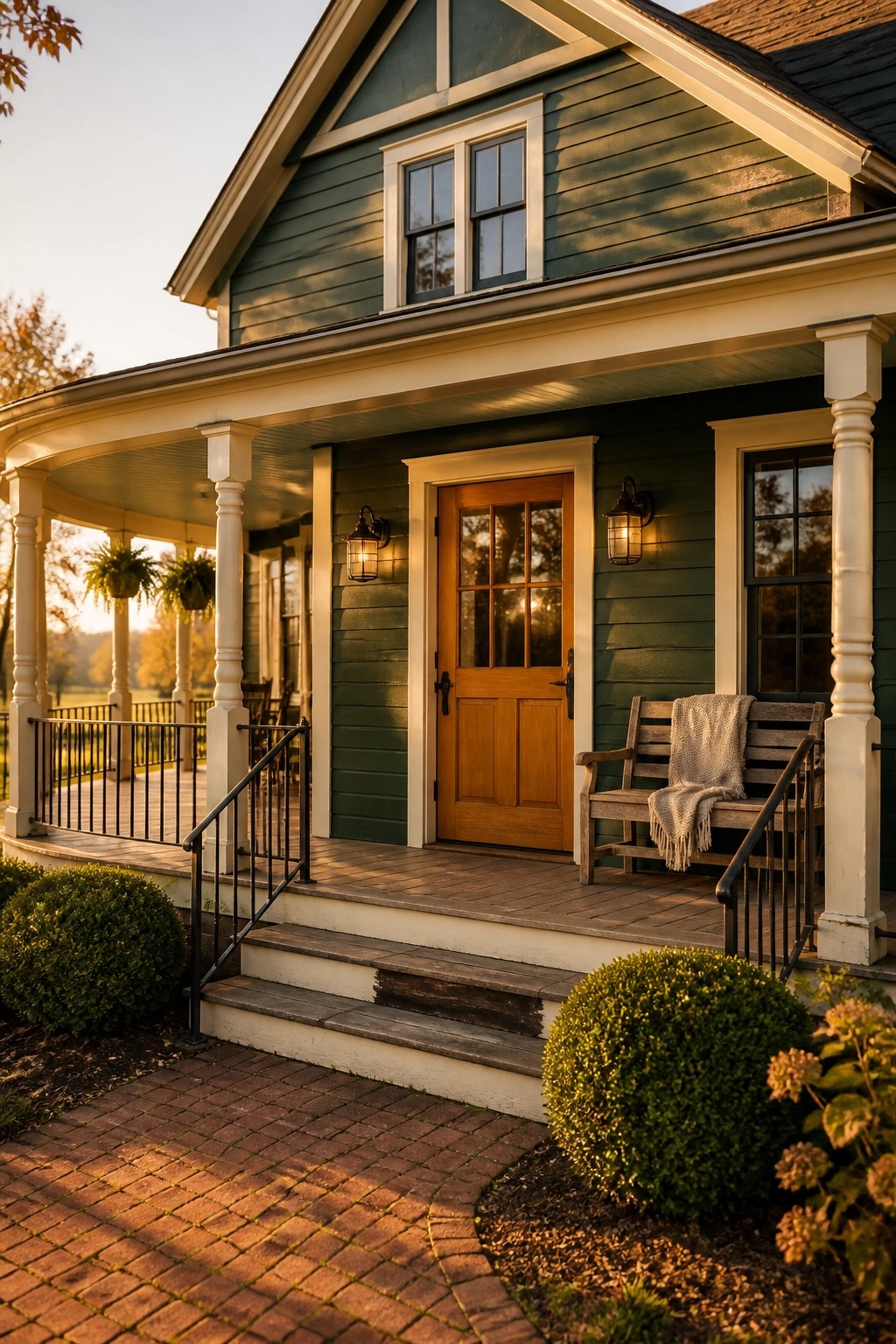 A green painted farmhouse with white trim and a wooden front door.