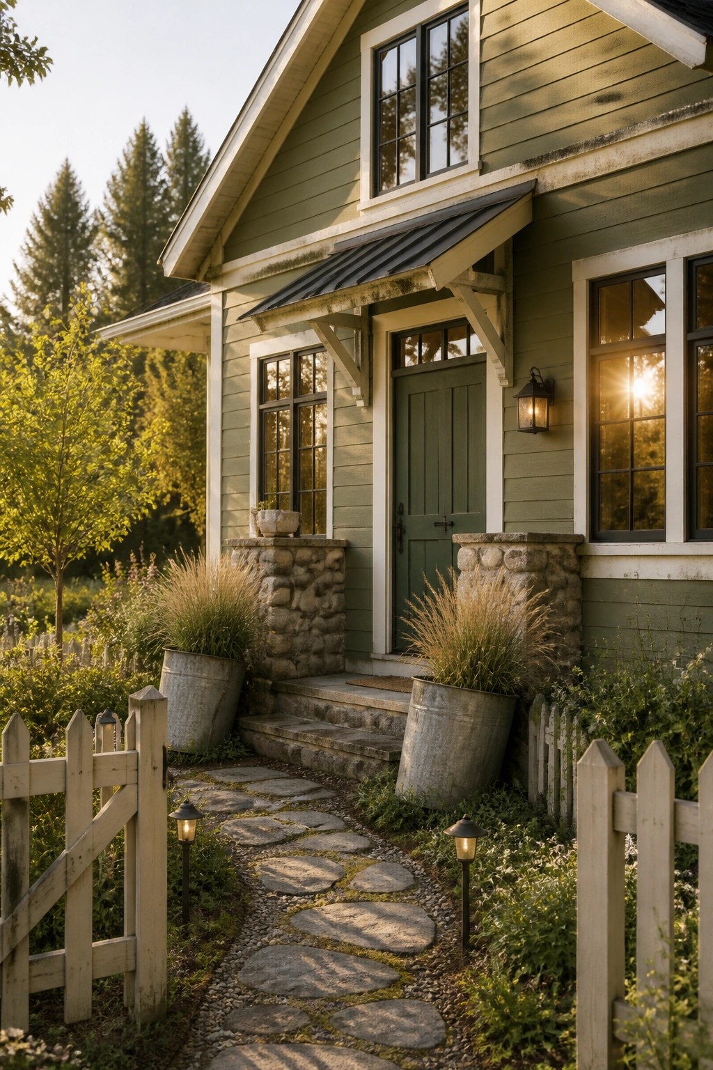A farmhouse exterior painted in soft sage green siding.