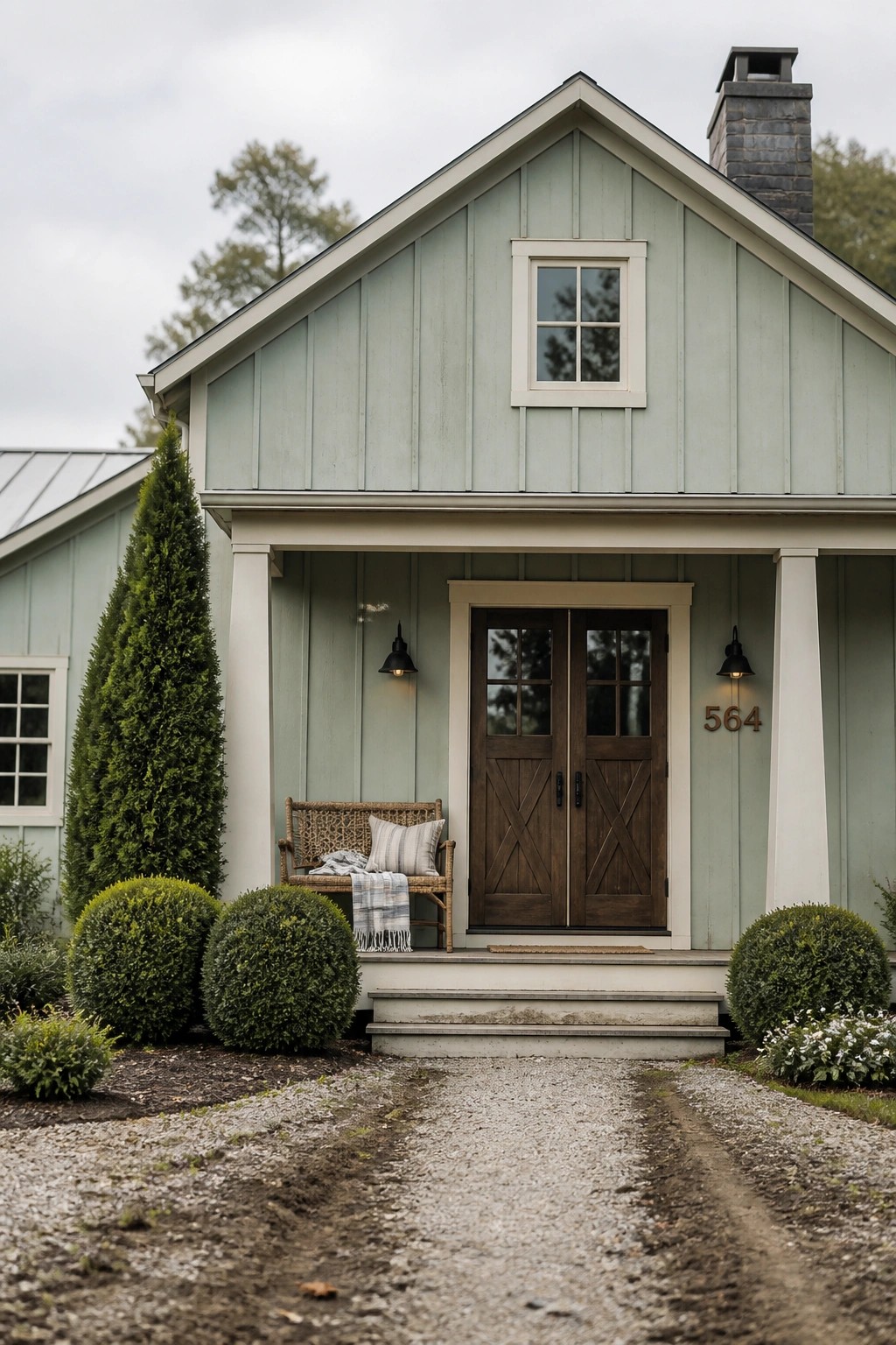 Light sage green siding on a farmhouse exterior with white trim and a wooden double door.