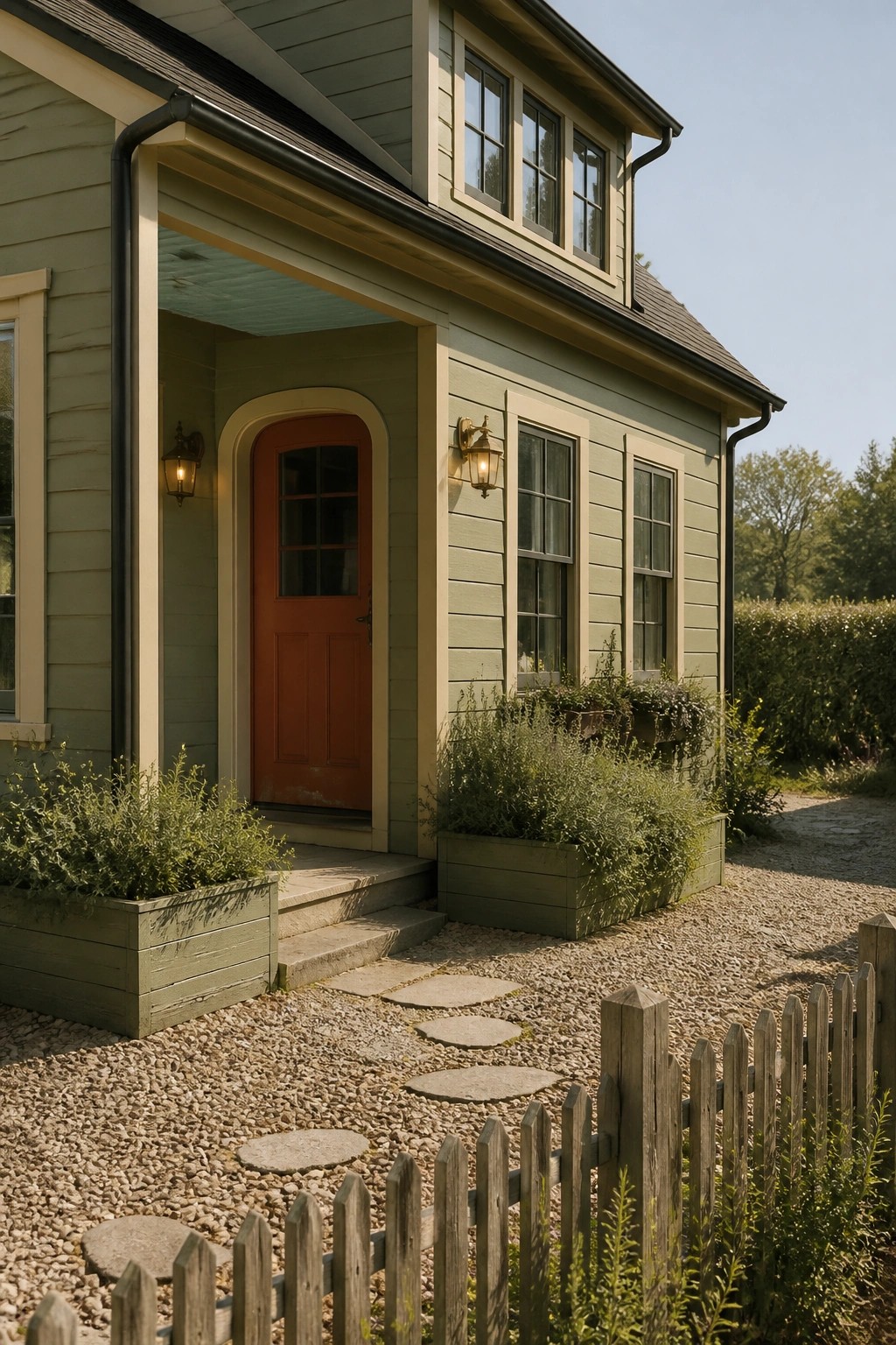 A farmhouse exterior painted in soft sage green siding with gravel and stone steps in front.