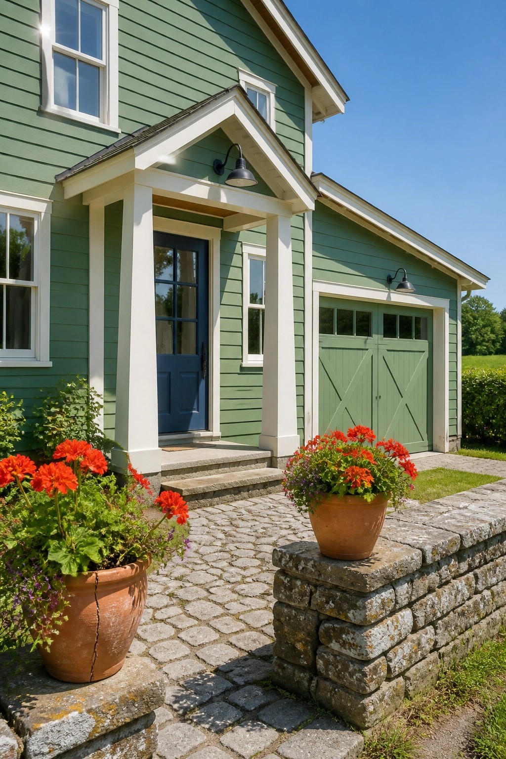 Green painted siding on a farmhouse exterior with white trim and a stone wall.