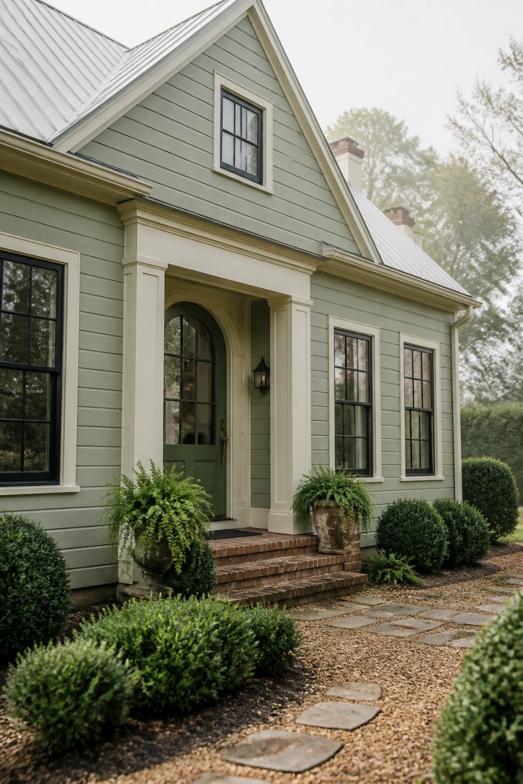 Light sage green siding on a farmhouse exterior with white trim.