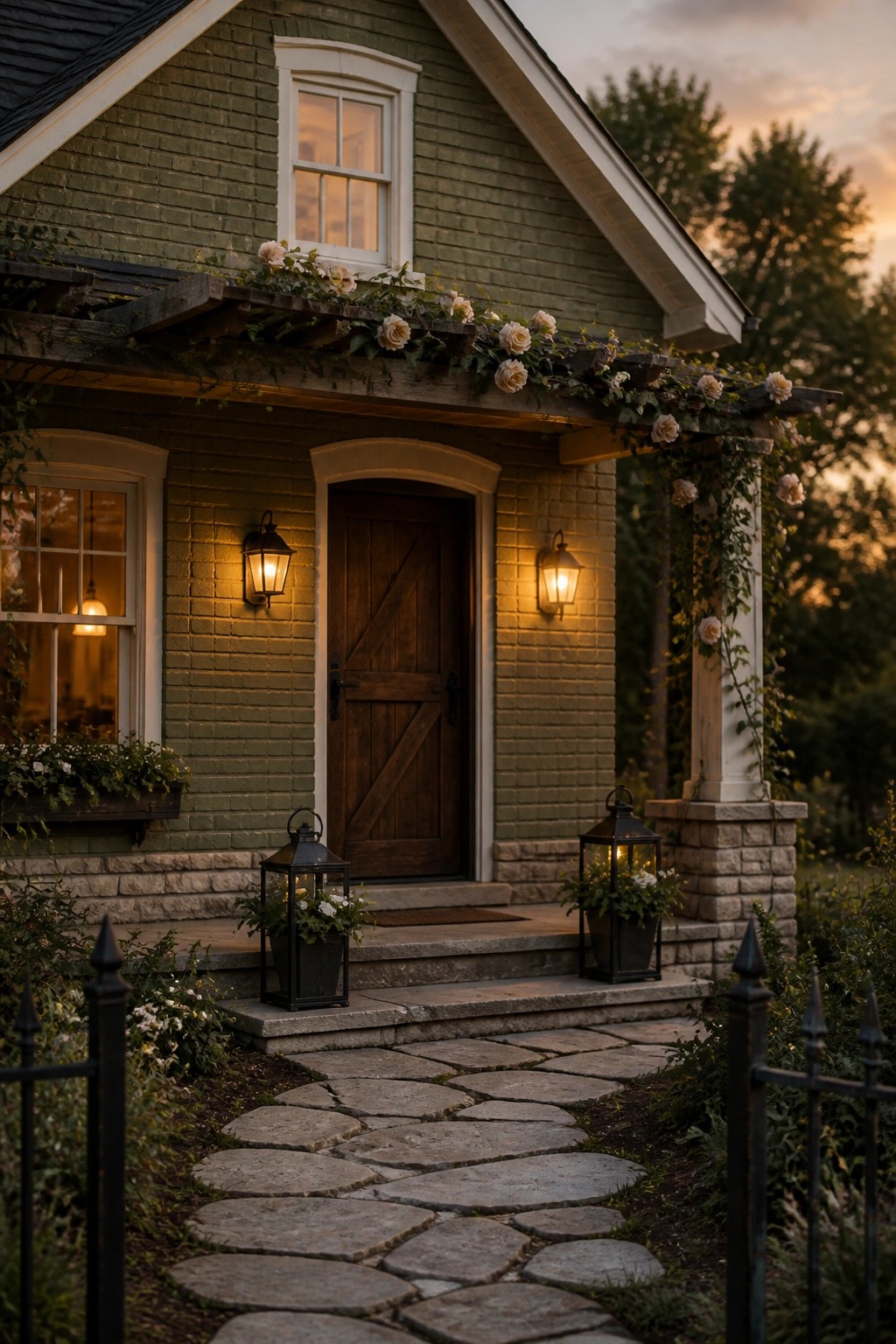 A farmhouse with soft sage green siding and a stone foundation.
