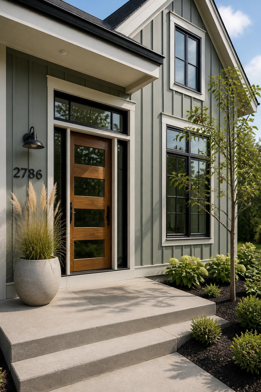 A house with muted sage green siding and white trim.