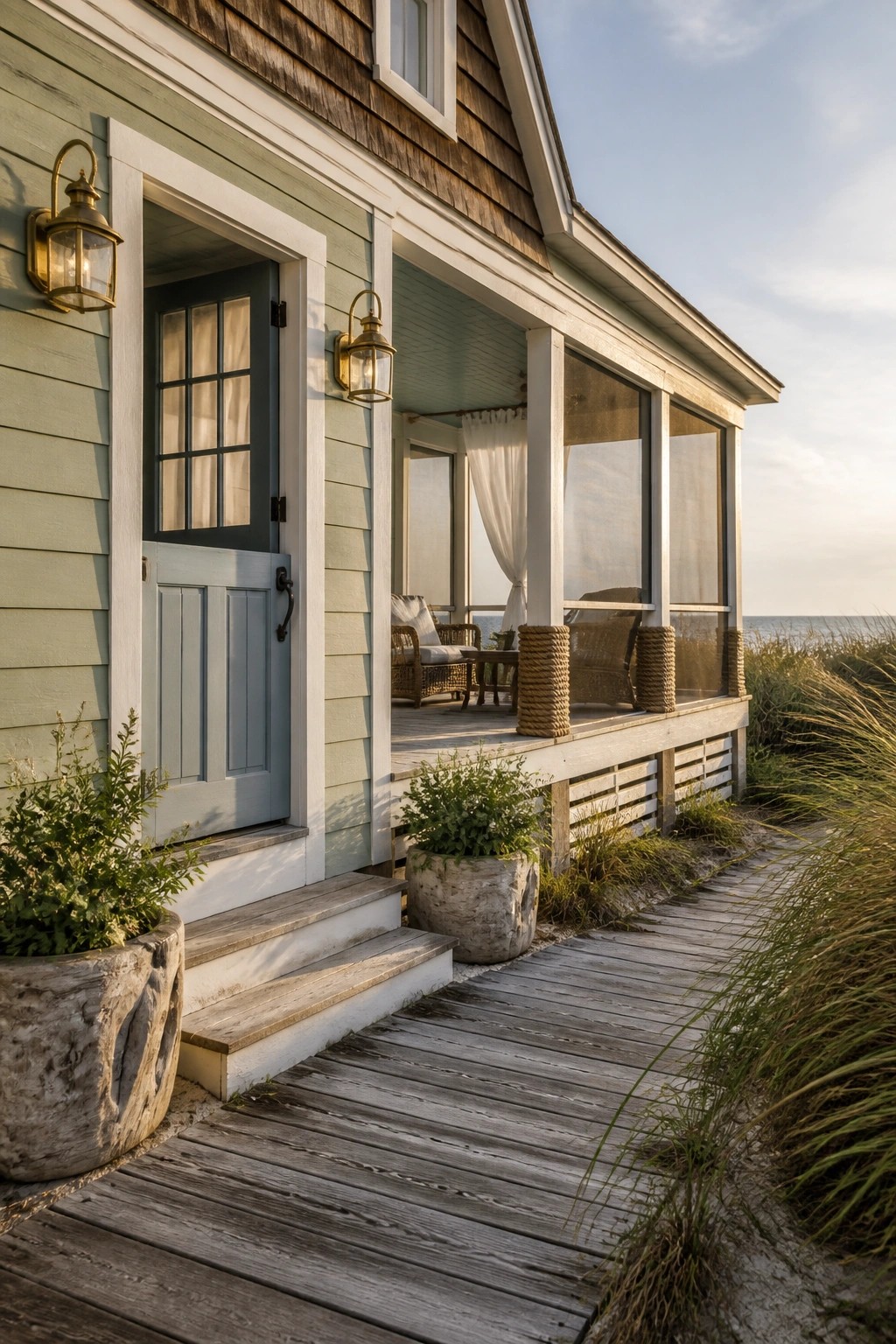 Light sage green siding on a farmhouse exterior with white trim and a wooden porch.