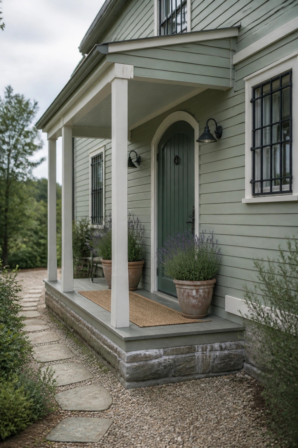 A house exterior painted in soft sage green siding with white trim and a stone foundation.
