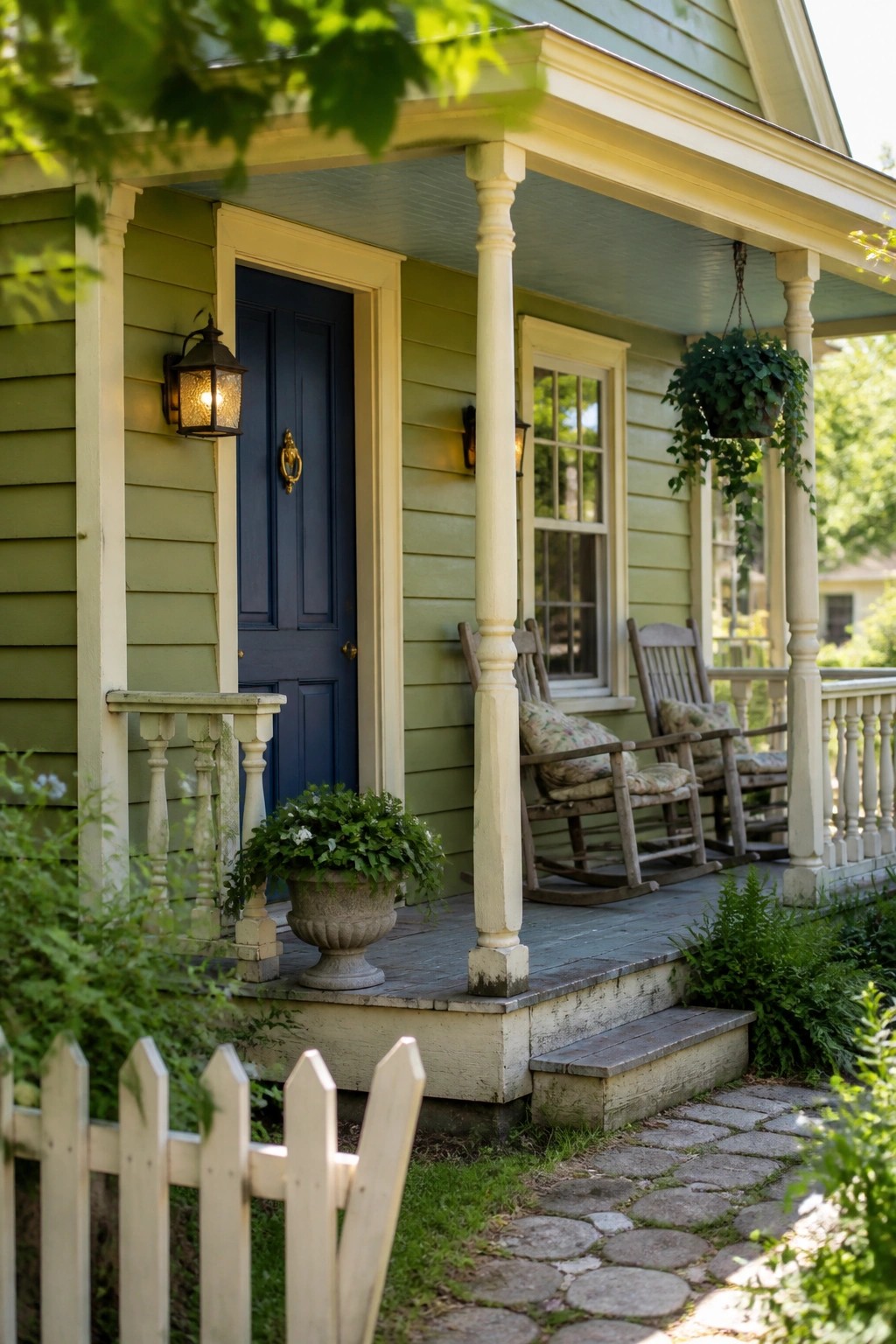 A farmhouse exterior painted in soft sage green with white trim and a front porch.