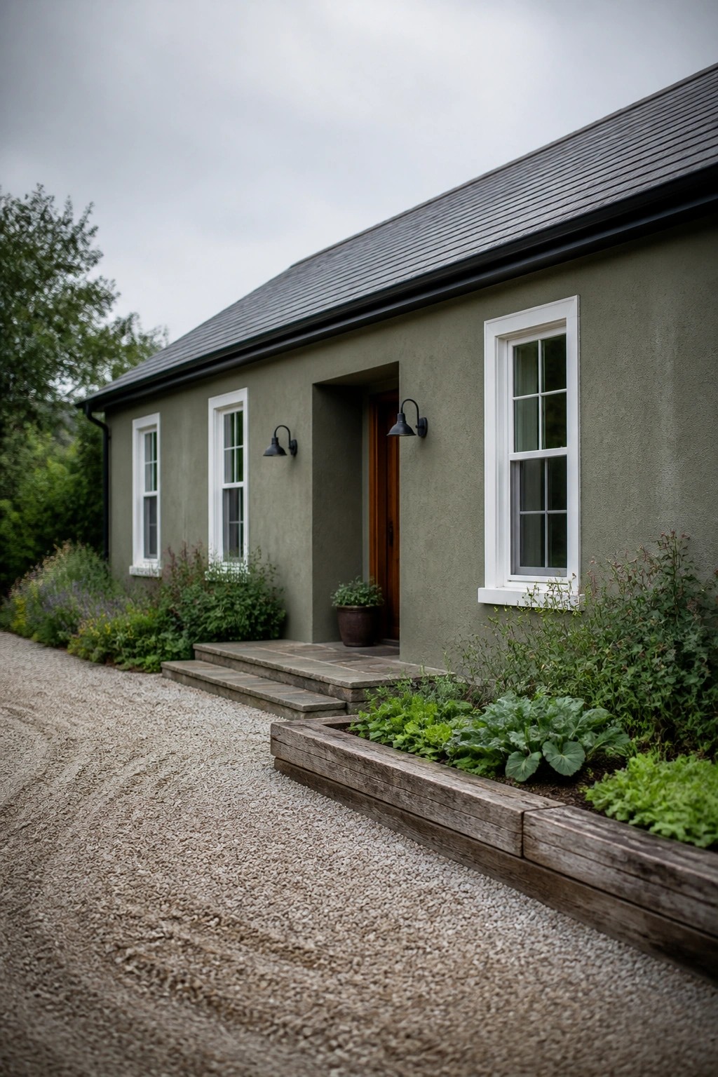 A farmhouse exterior painted in soft sage green with white window trim.