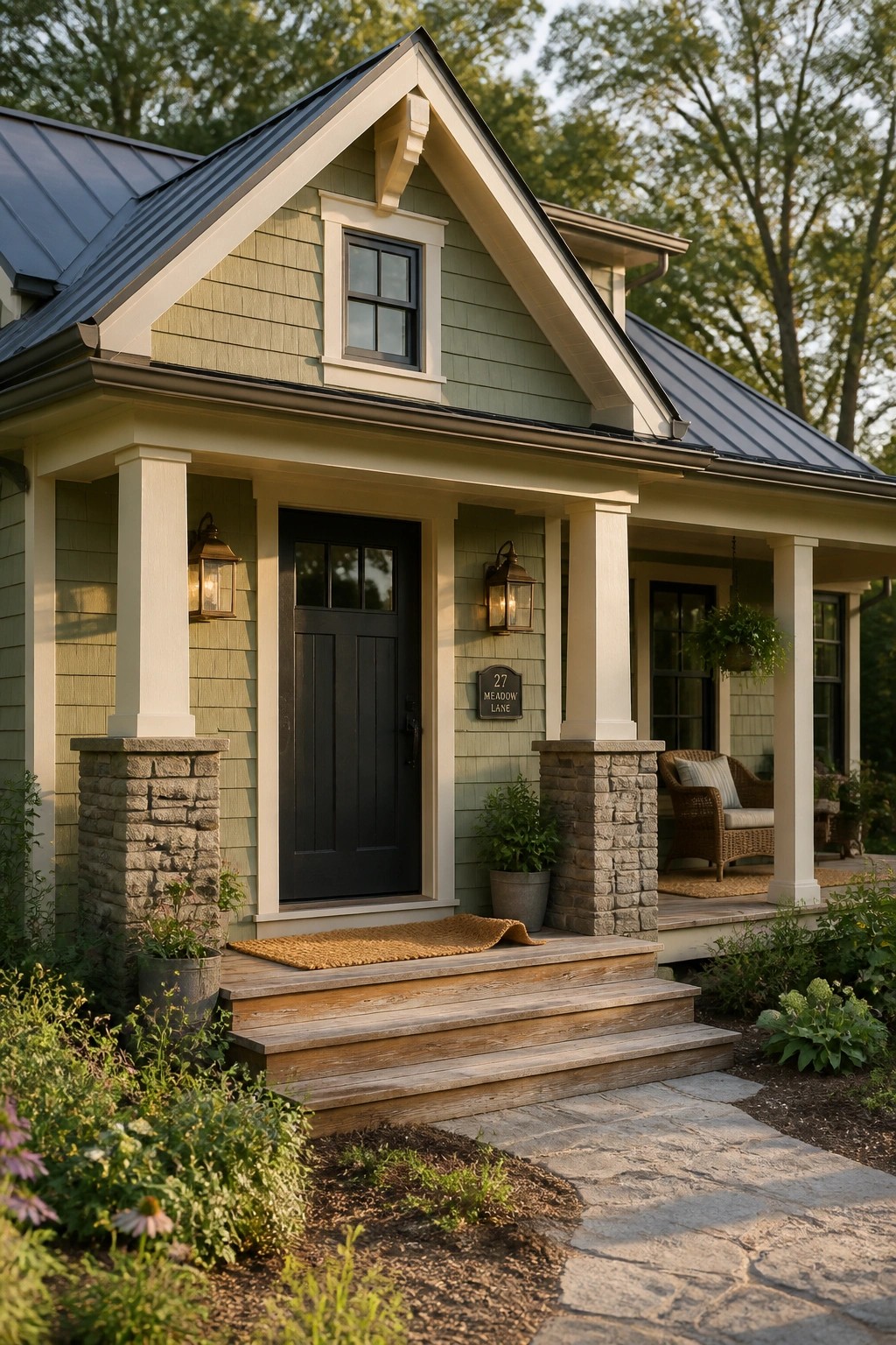 A farmhouse exterior with soft sage green siding and white trim.