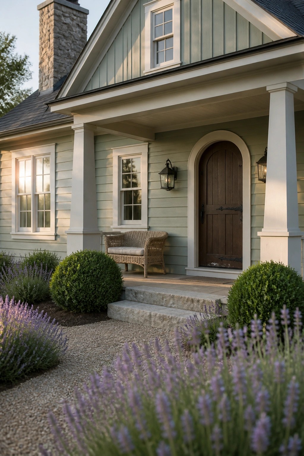 Cozy cottage porch with sage green siding, arched door, wicker bench, and lavender.