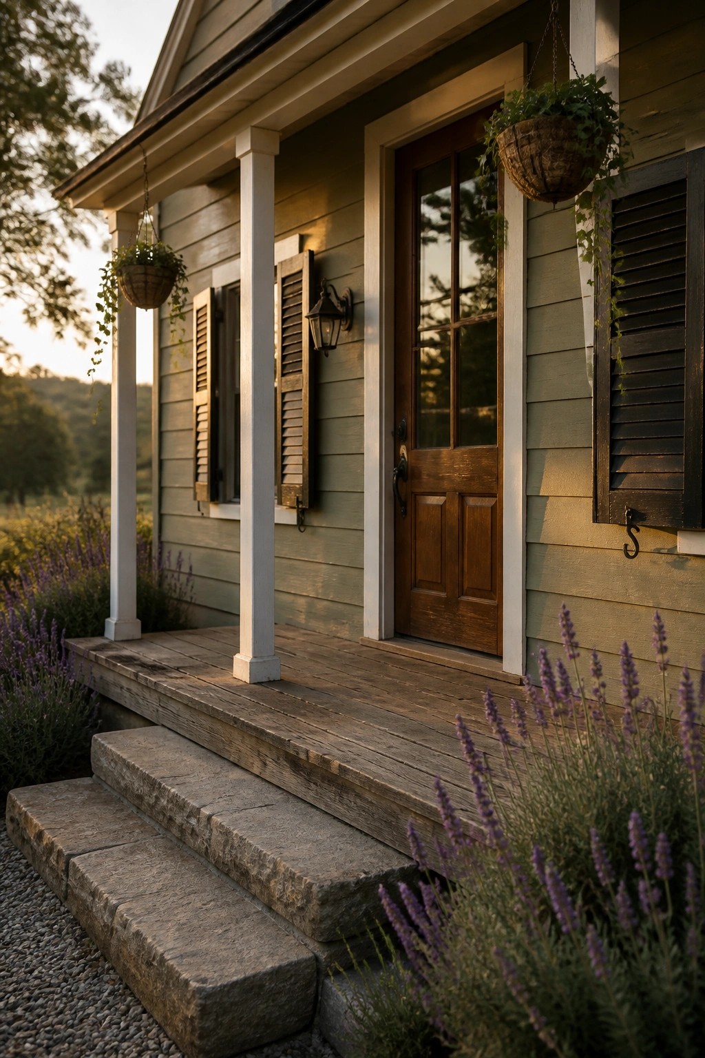 Sage green siding on a farmhouse exterior with white trim and a wooden porch.
