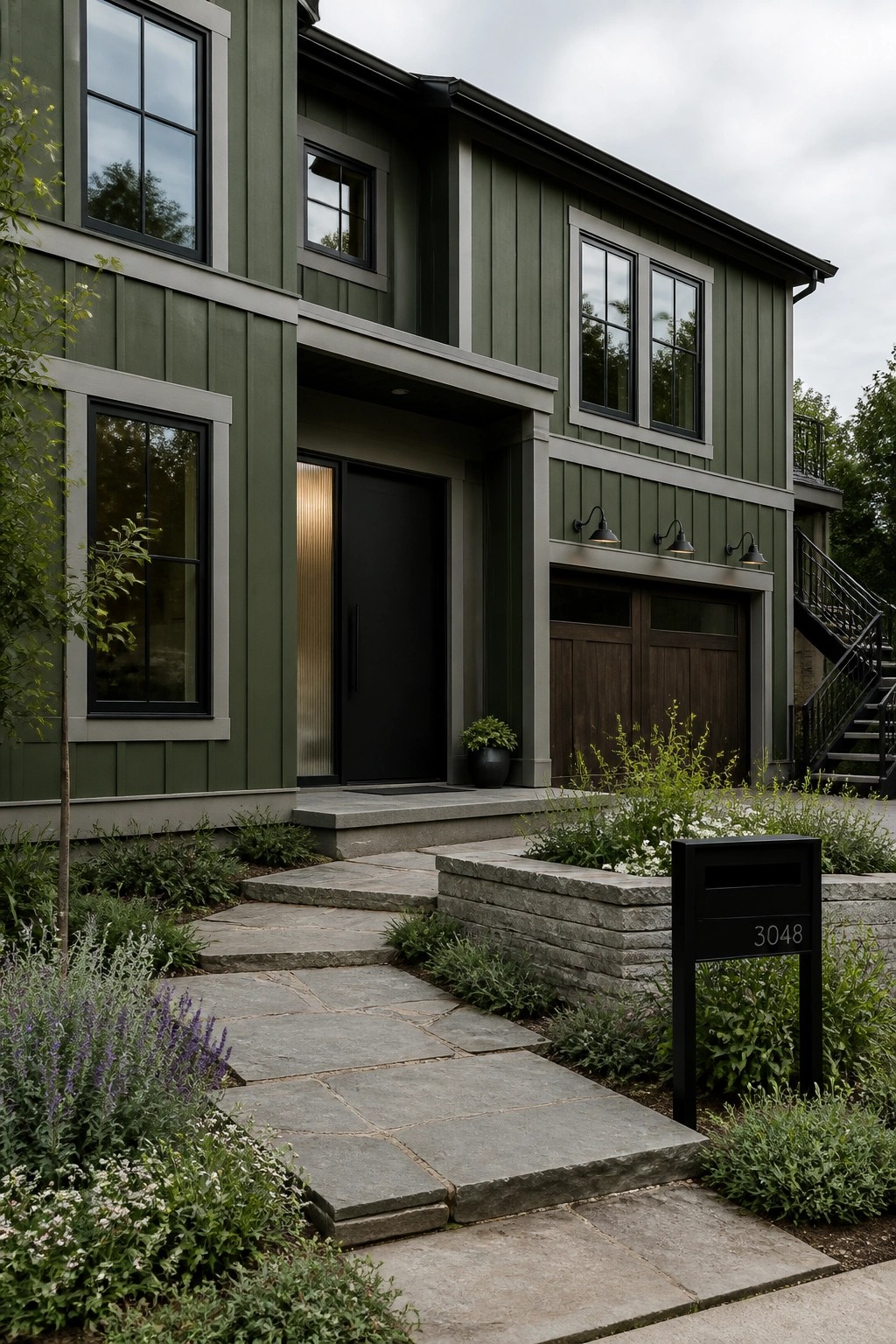 Dark green modern farmhouse siding with black trim and windows.