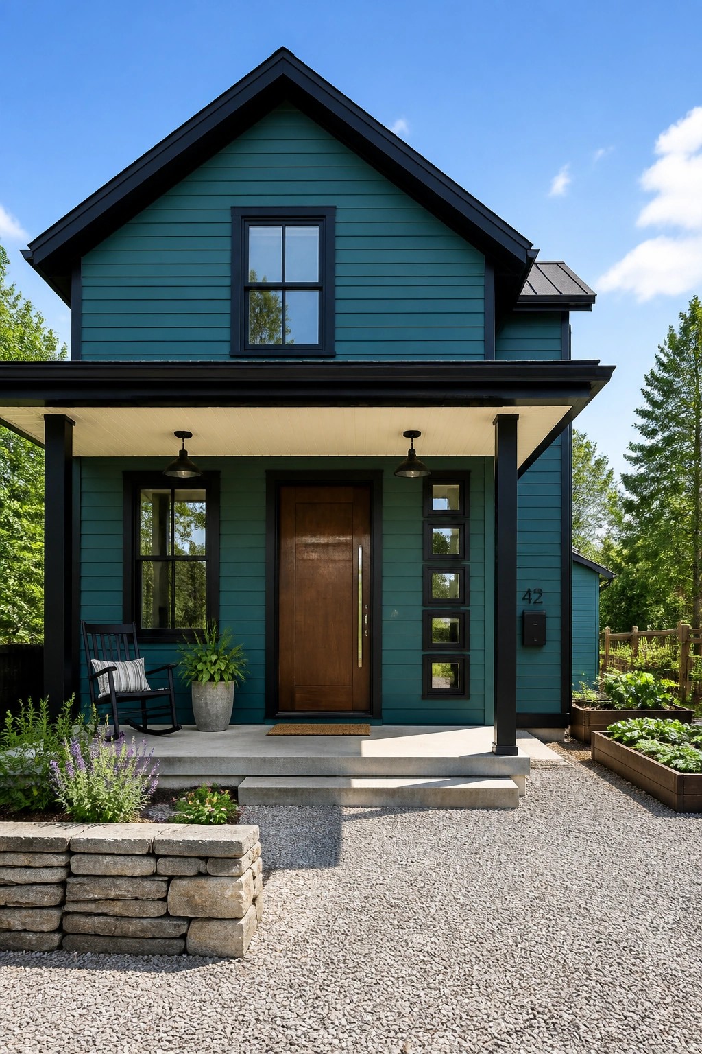 Teal green siding on a modern farmhouse exterior with black trim.