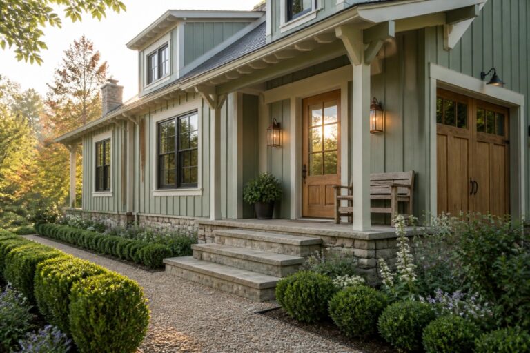 Sage green house with wooden door, stone steps, porch lanterns, and blooming garden.
