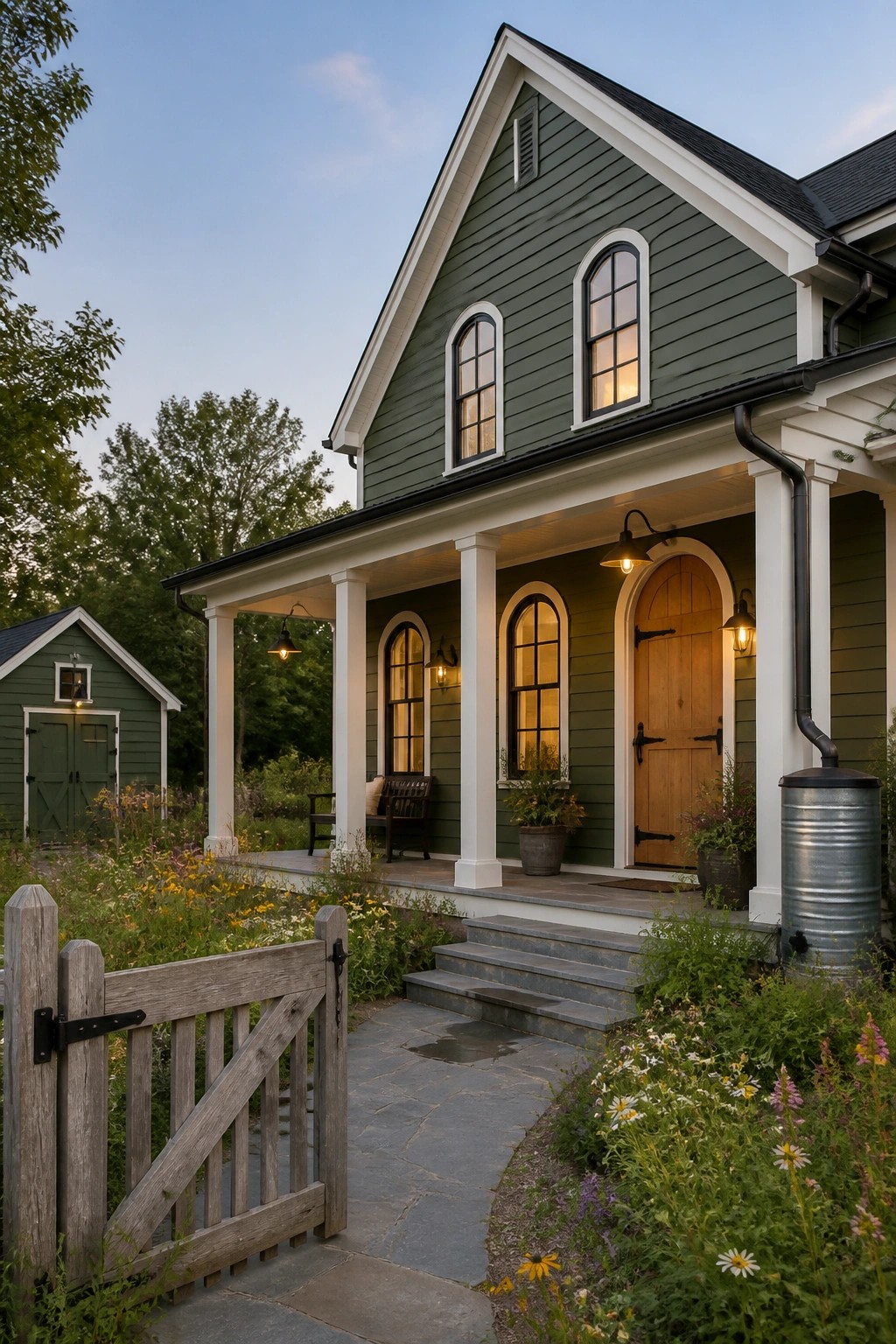 A modern farmhouse exterior painted in muted sage green siding.