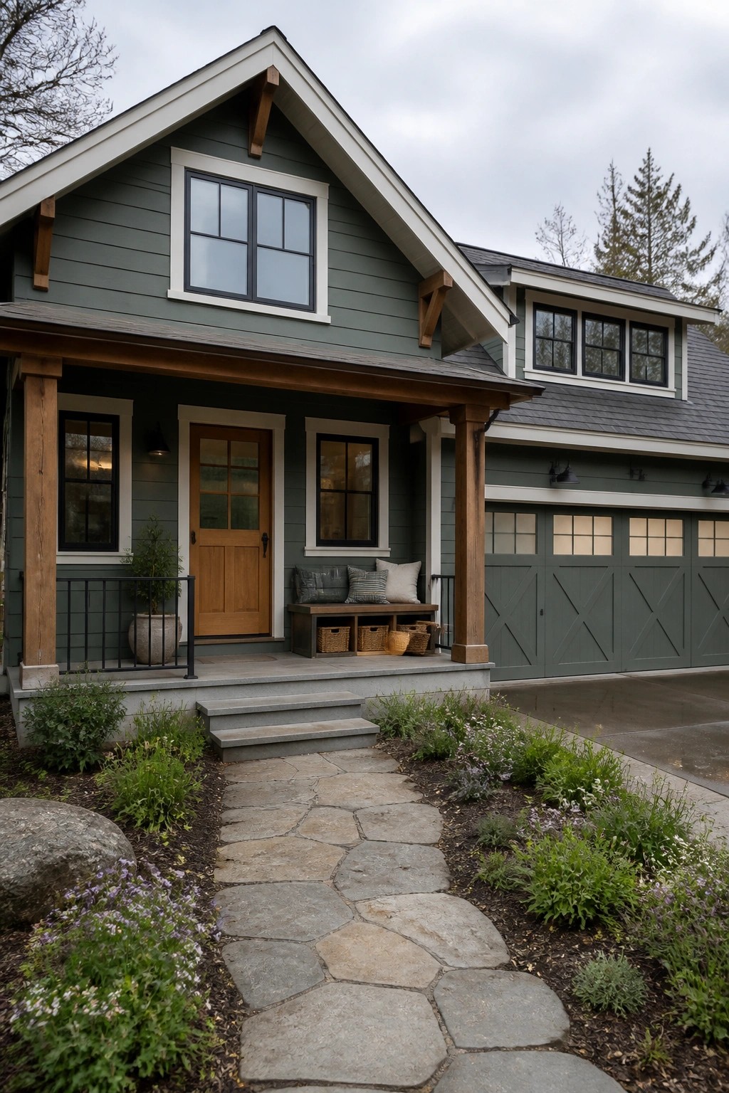 A modern farmhouse exterior painted in muted sage green siding.