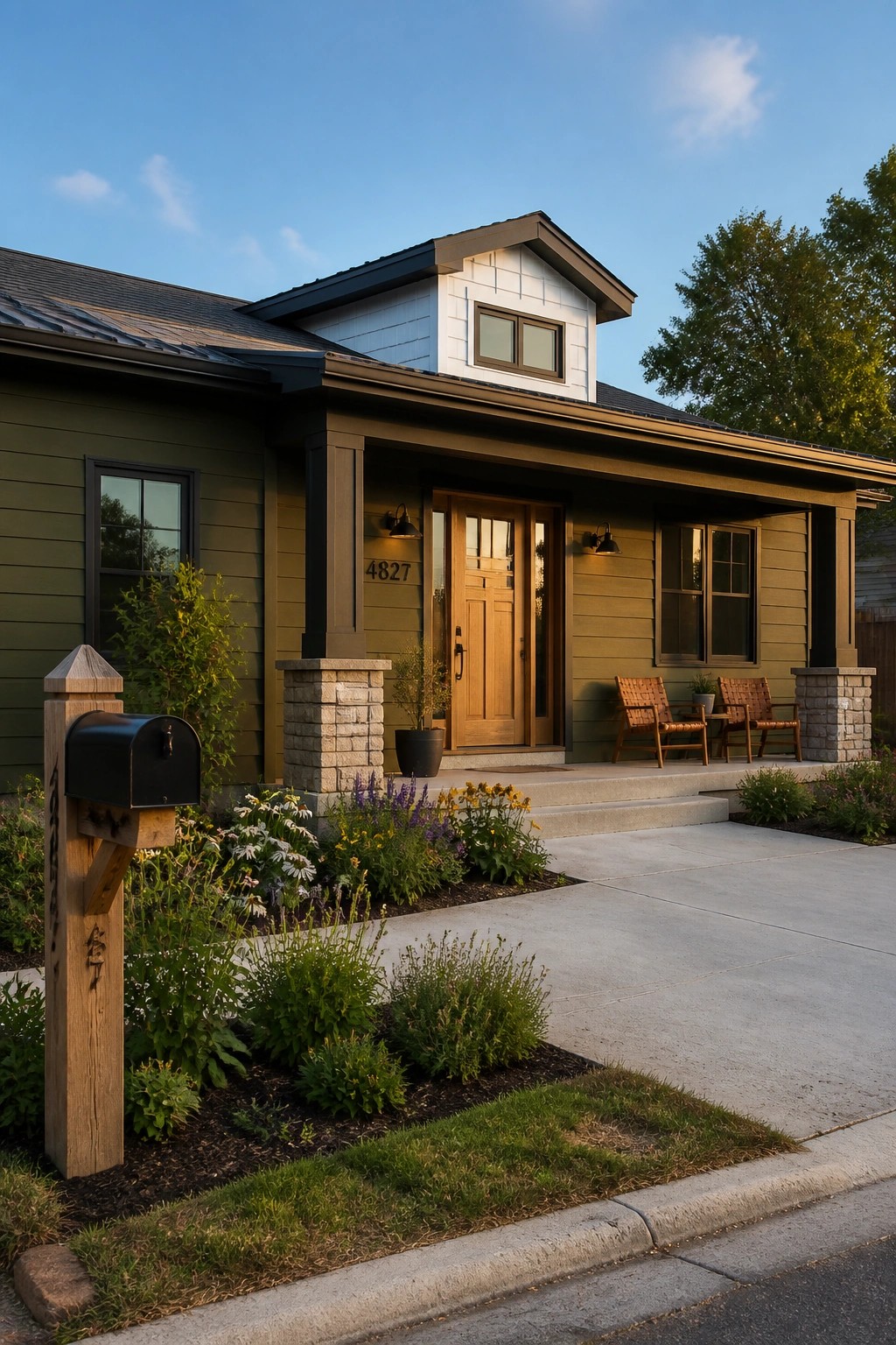 Green craftsman house with wooden door, porch chairs, and colorful garden.