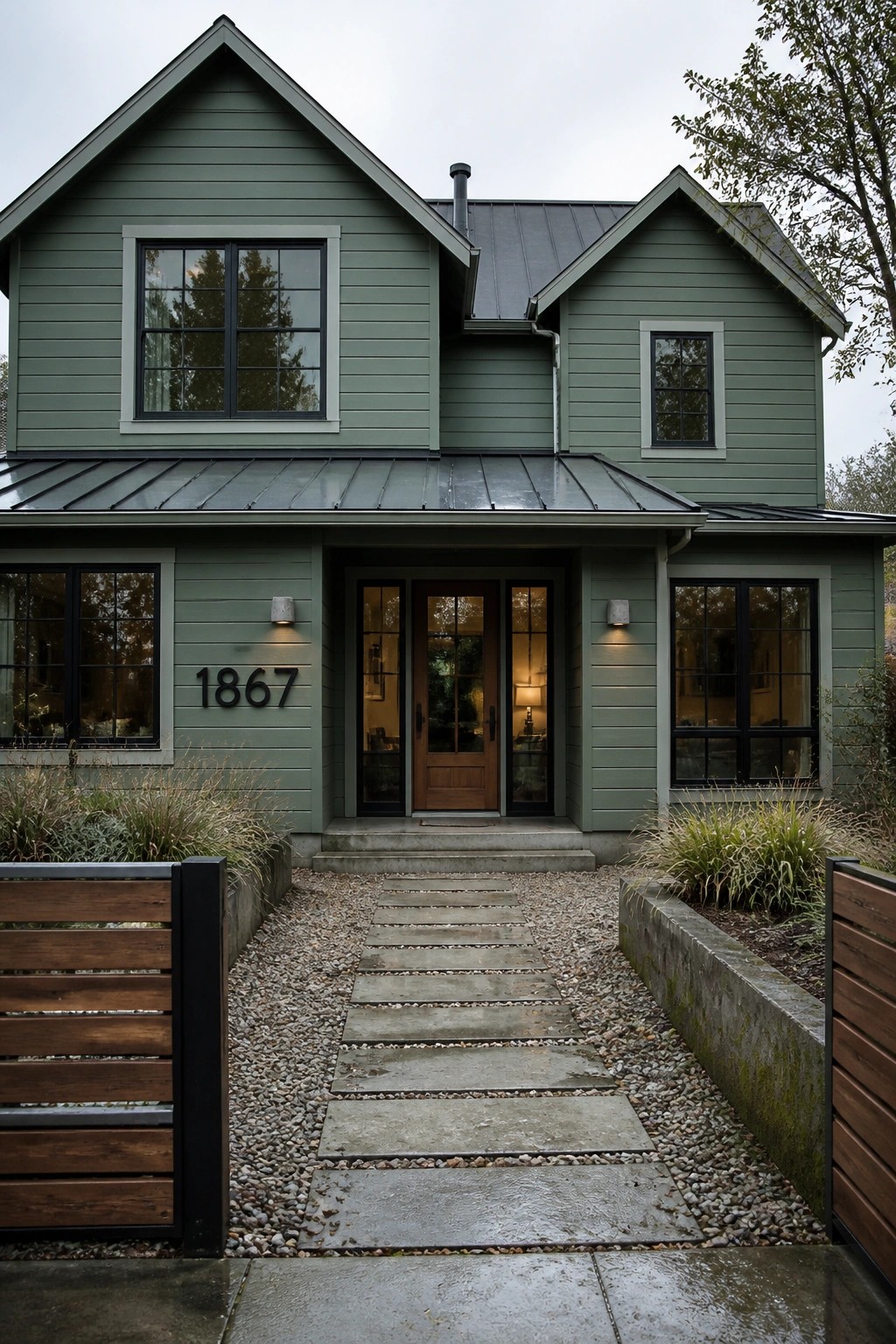 A modern farmhouse exterior painted in muted sage green with a stone walkway in front.
