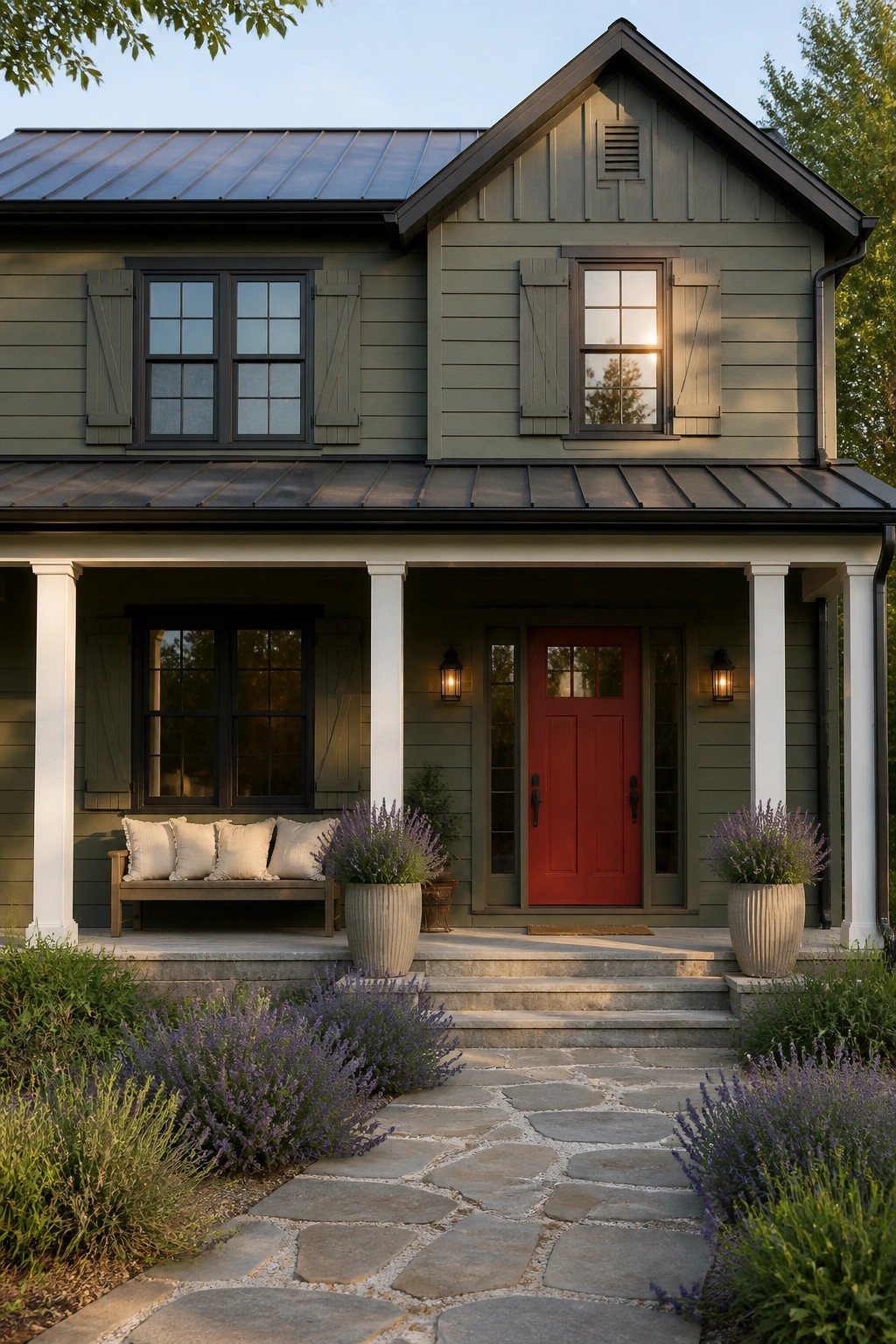 A modern farmhouse exterior painted in muted sage green siding.