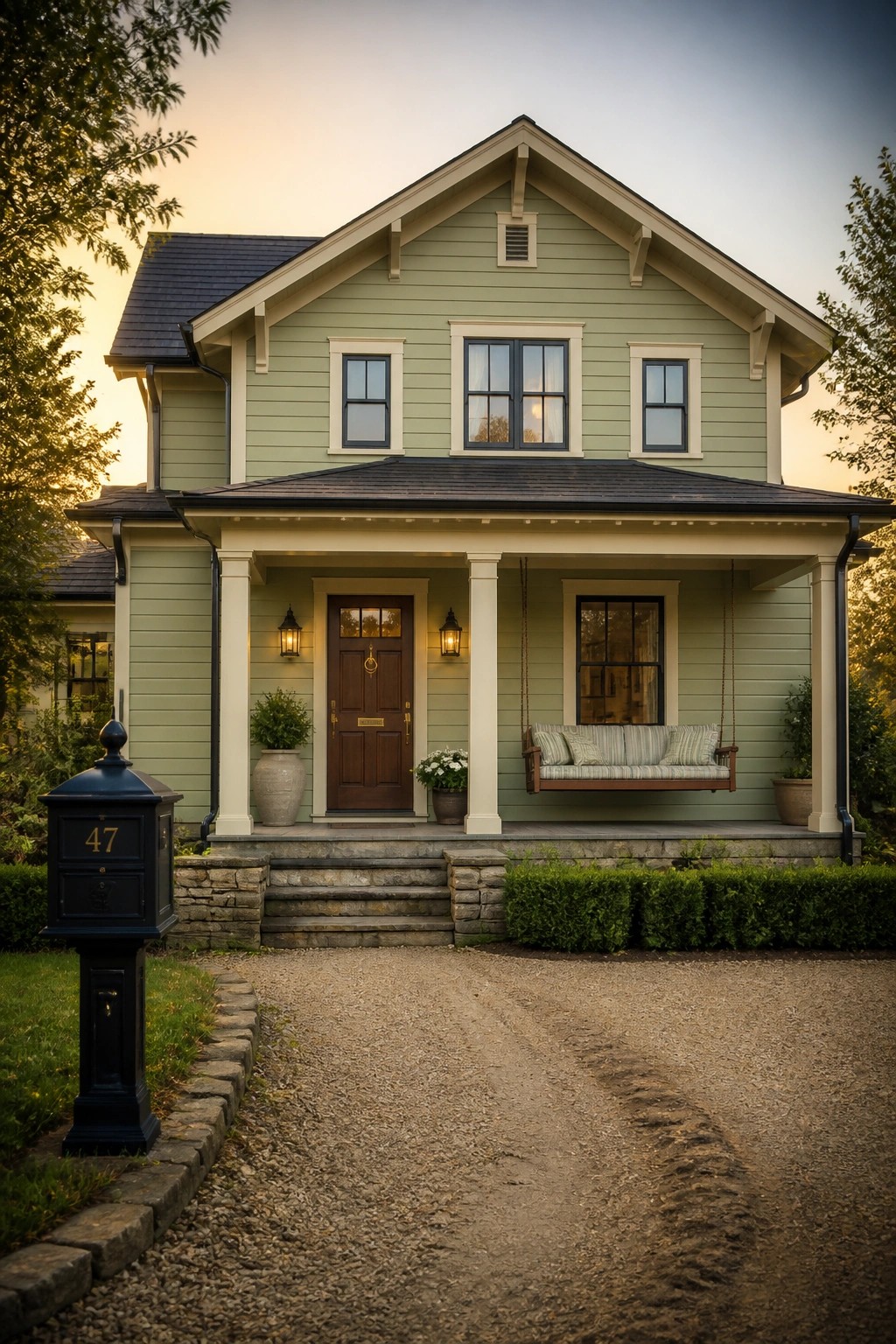 A modern farmhouse with soft sage green siding and white trim.