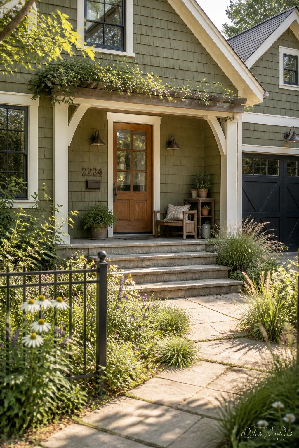 A modern farmhouse exterior painted in muted sage green siding with white trim.
