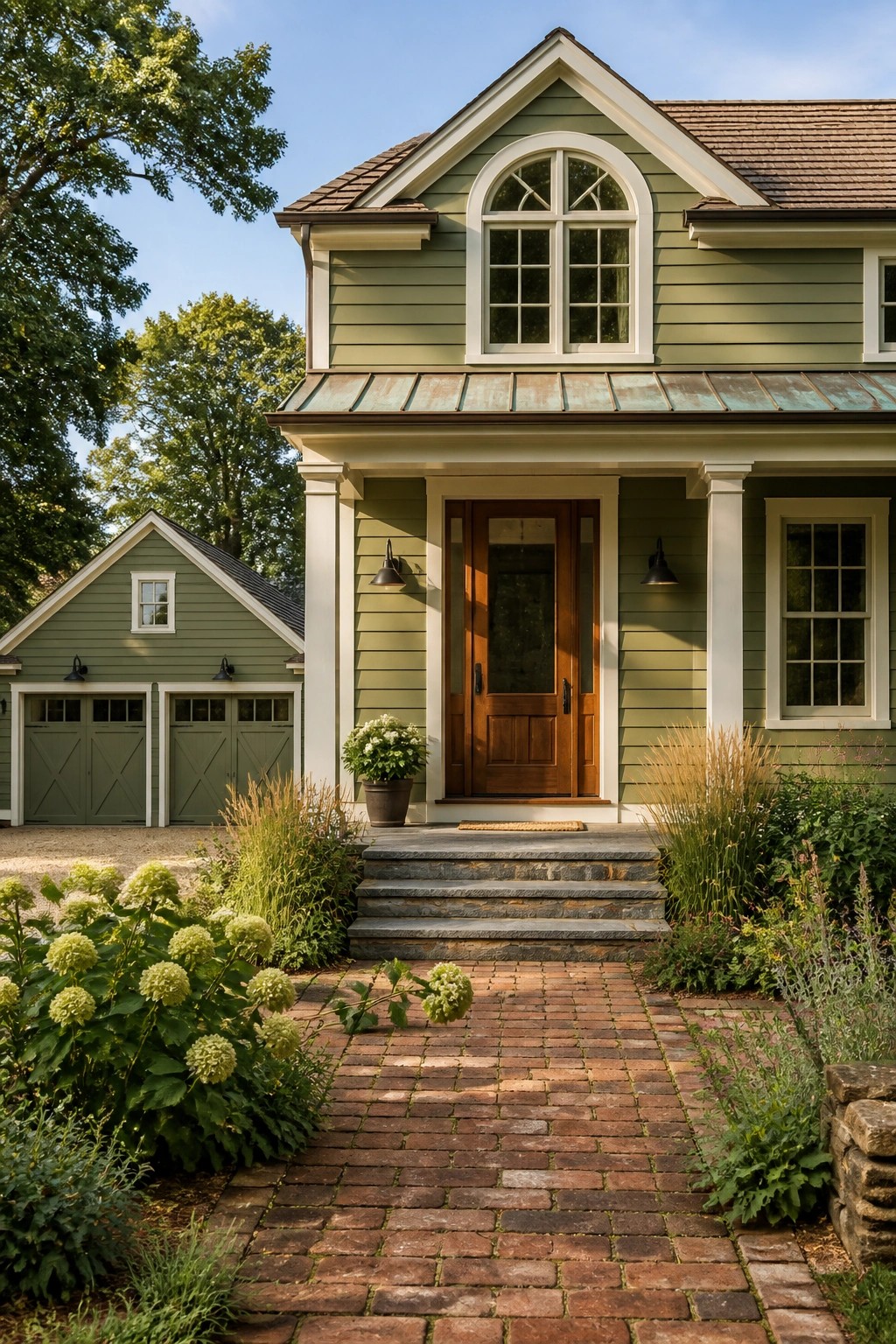 A modern farmhouse exterior painted in soft sage green siding.
