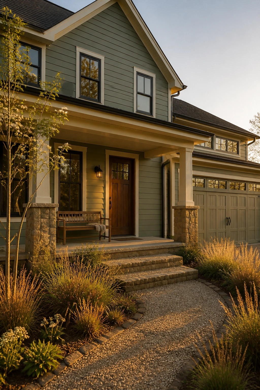Sage green house with wooden door, stone porch pillars, and curved gravel path.
