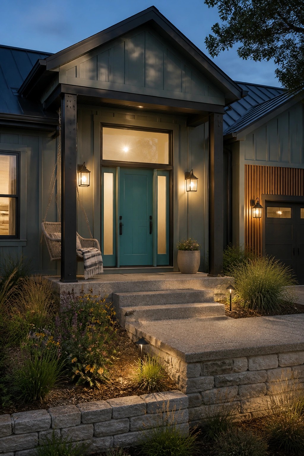Modern farmhouse exterior with muted sage green siding and dark trim.