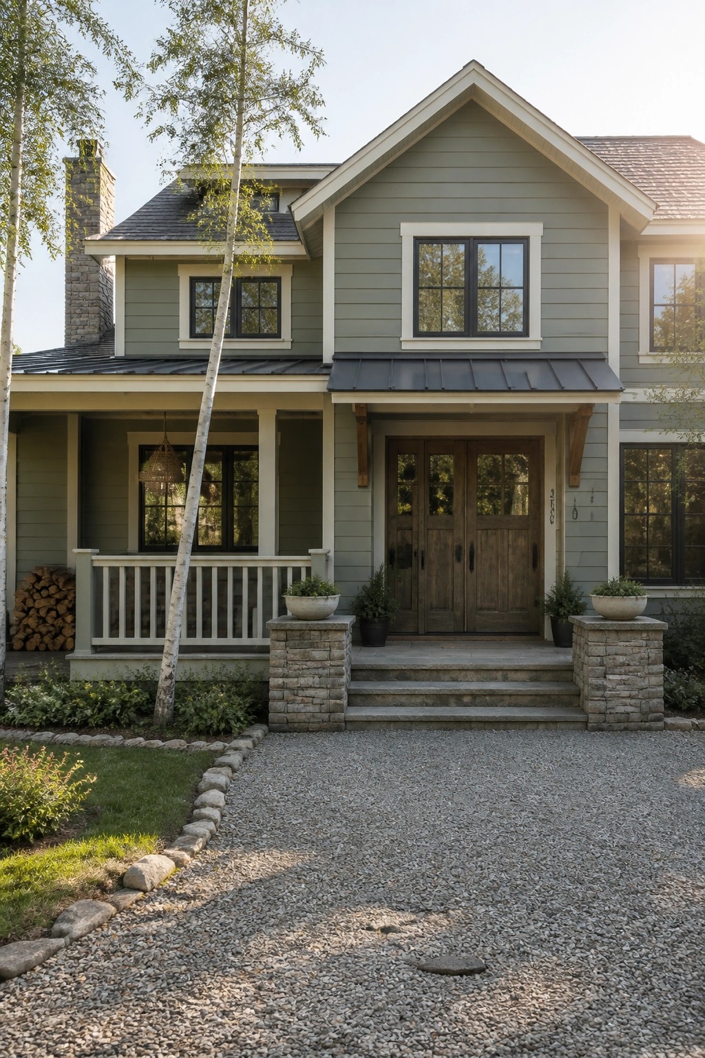 Two-story gray house with wooden double doors, stone porch, and gravel driveway.