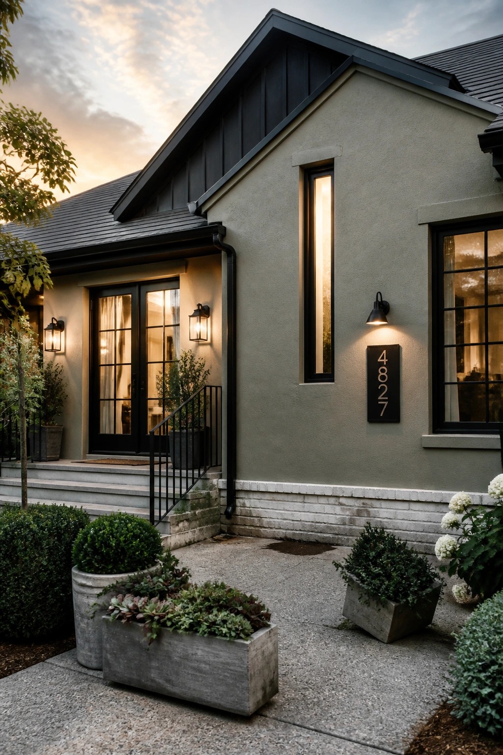 The house exterior shows muted sage green siding with black trim and a stone foundation.