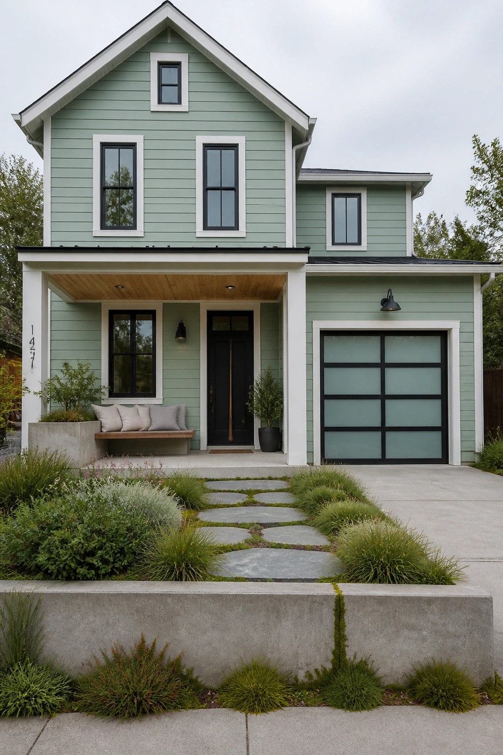 Modern two-story sage green house with black door, garage, and stone pathway.