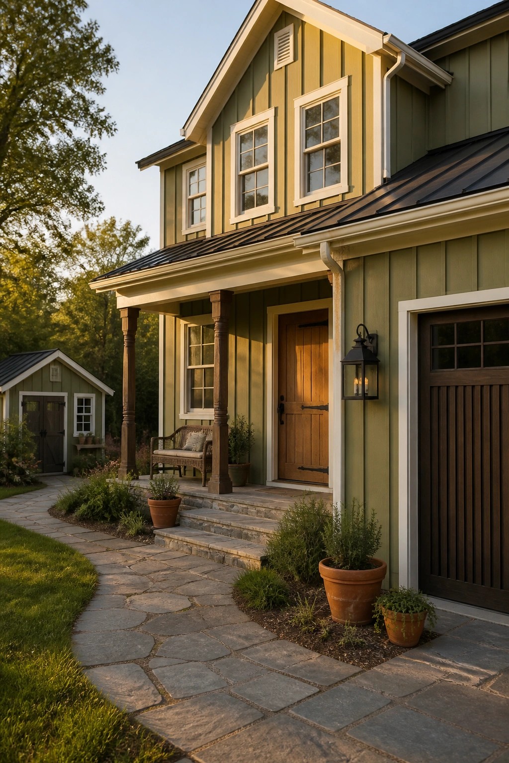 A modern farmhouse exterior with soft sage green siding and a stone path.