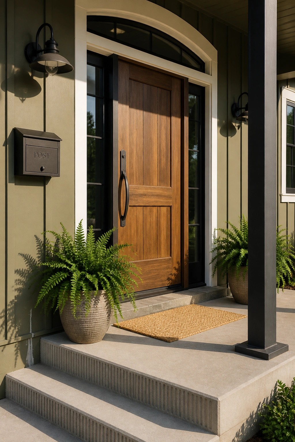 Modern farmhouse exterior with soft sage green siding and a wooden front door.