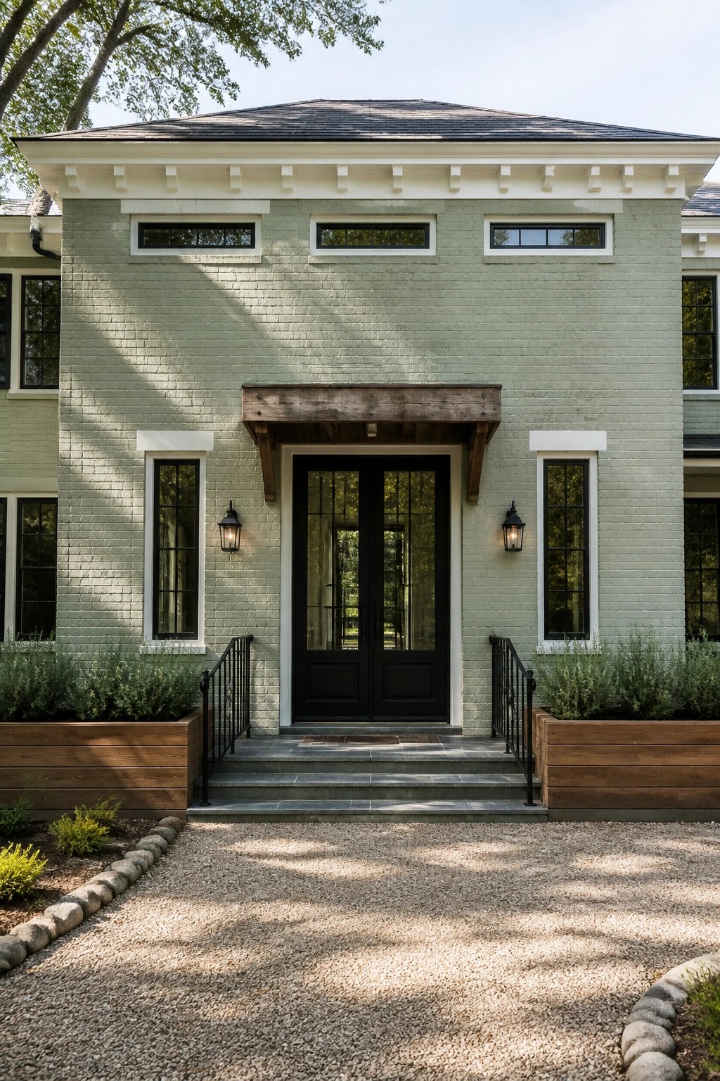 A modern farmhouse exterior with soft sage green painted brick siding.