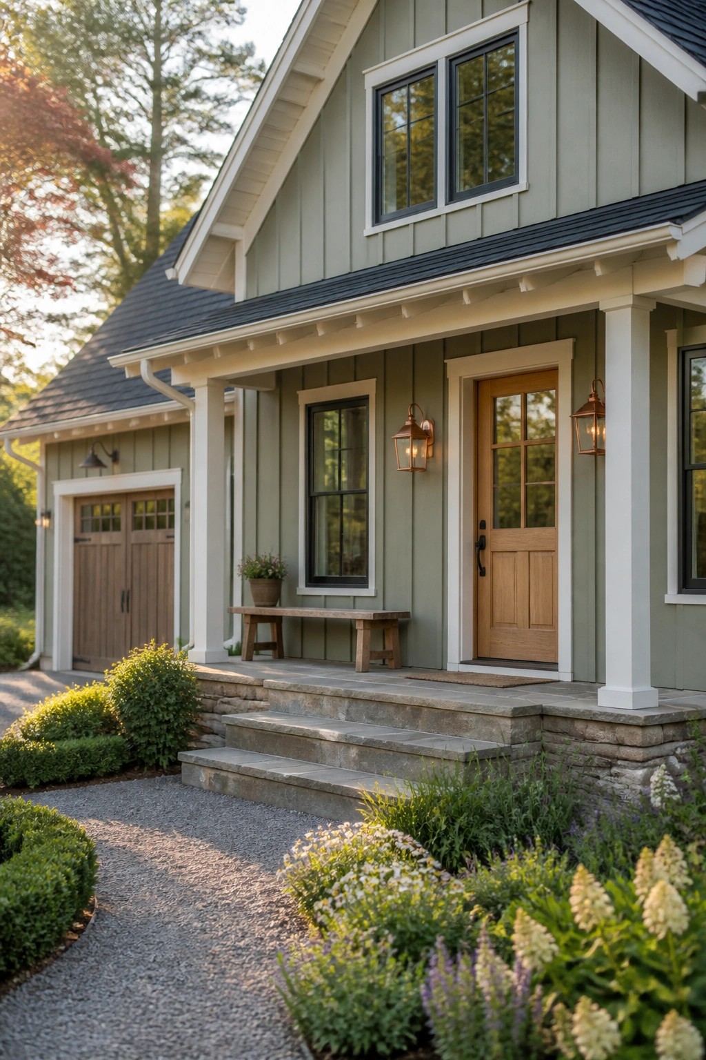 Sage green house with wooden door, stone steps, porch lanterns, and blooming garden.
