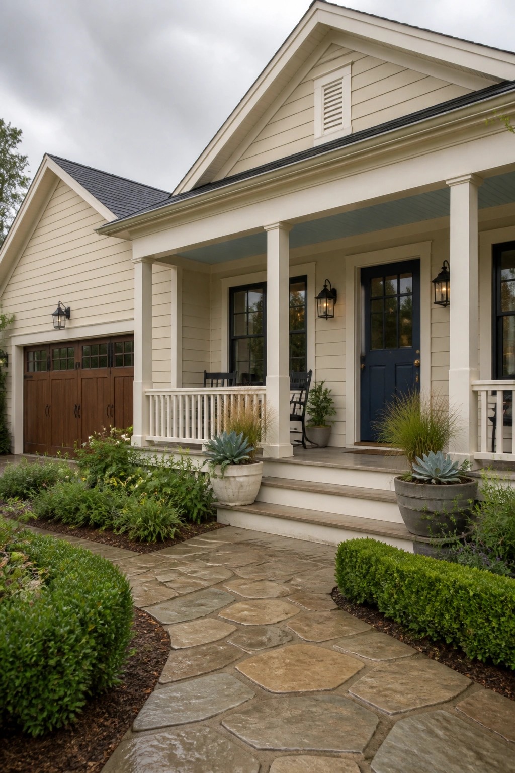 A modern farmhouse exterior with creamy white siding and a stone walkway.