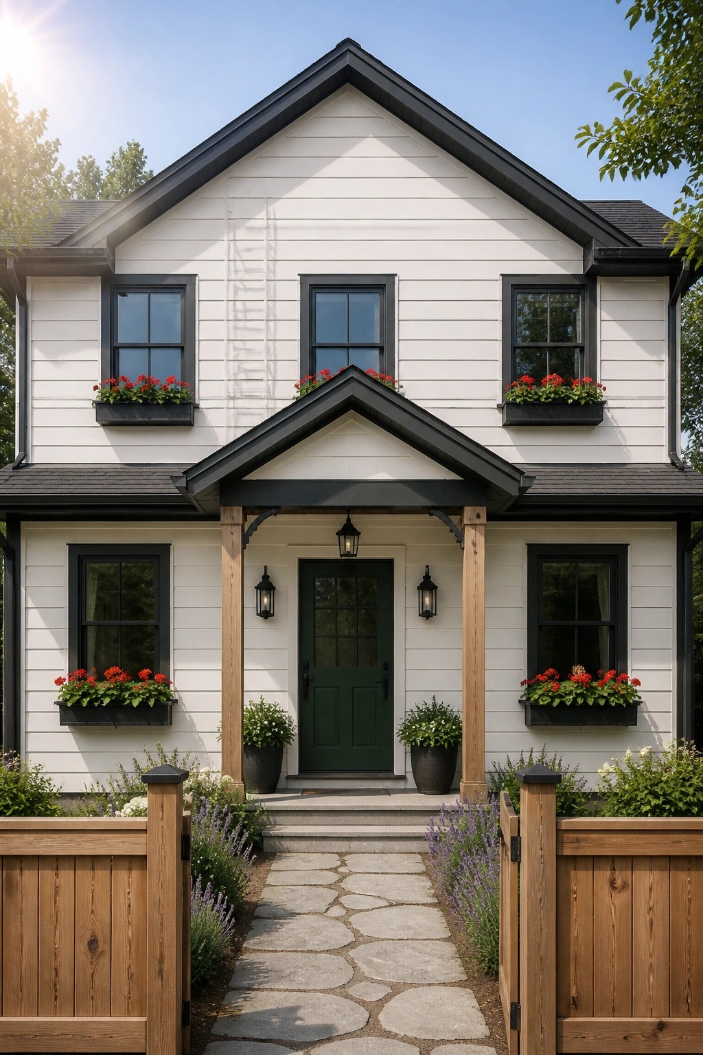 White painted siding on a modern farmhouse exterior with black trim.