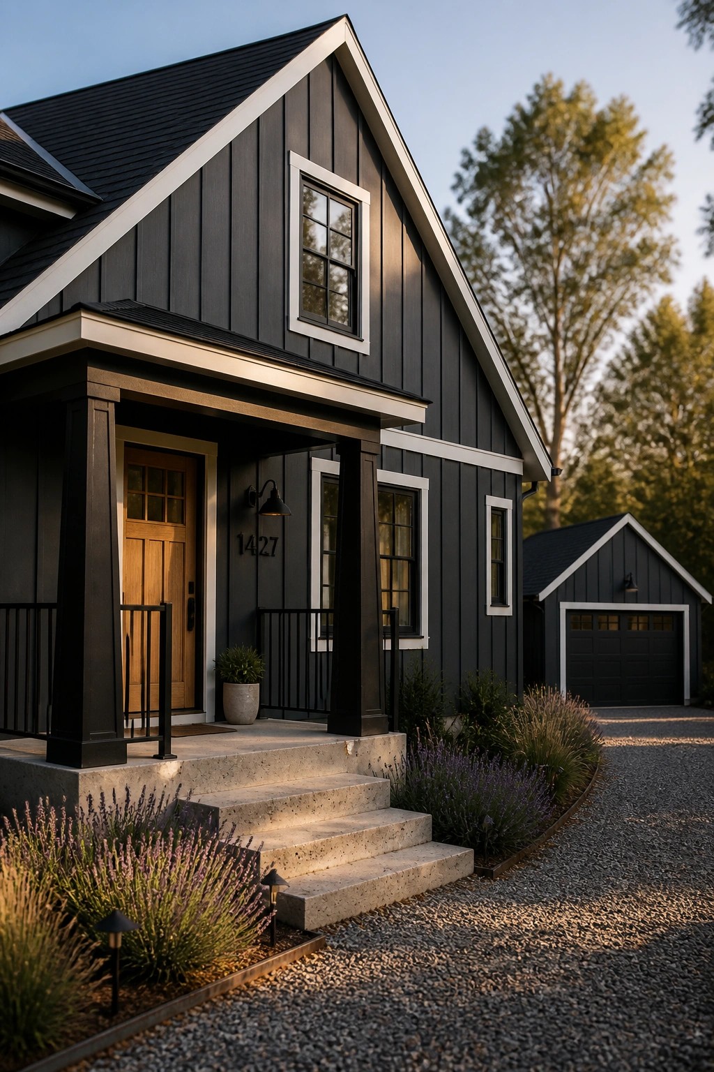A modern farmhouse exterior painted in dark charcoal gray with white trim.