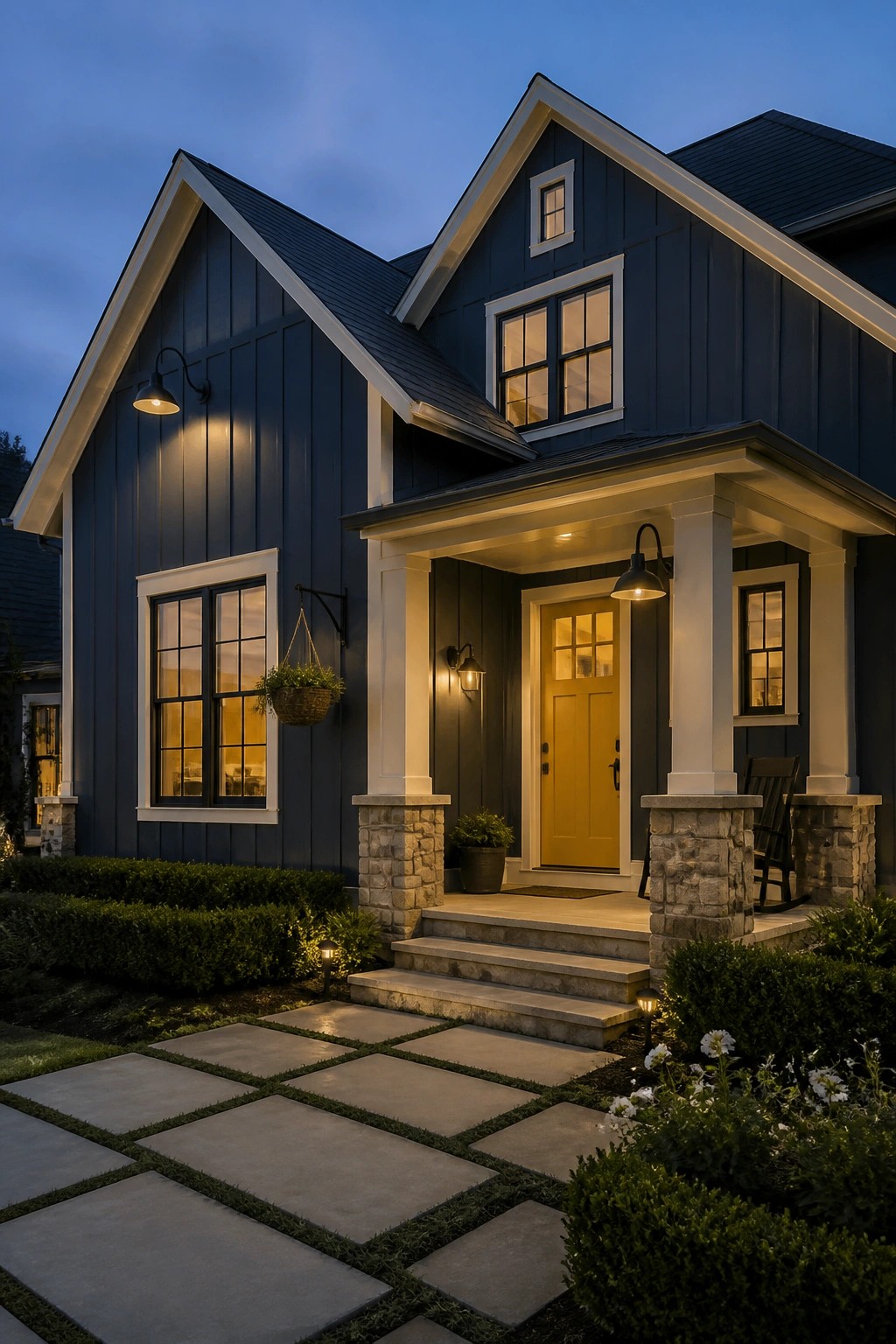 Dark navy blue siding on a modern farmhouse exterior with white trim.