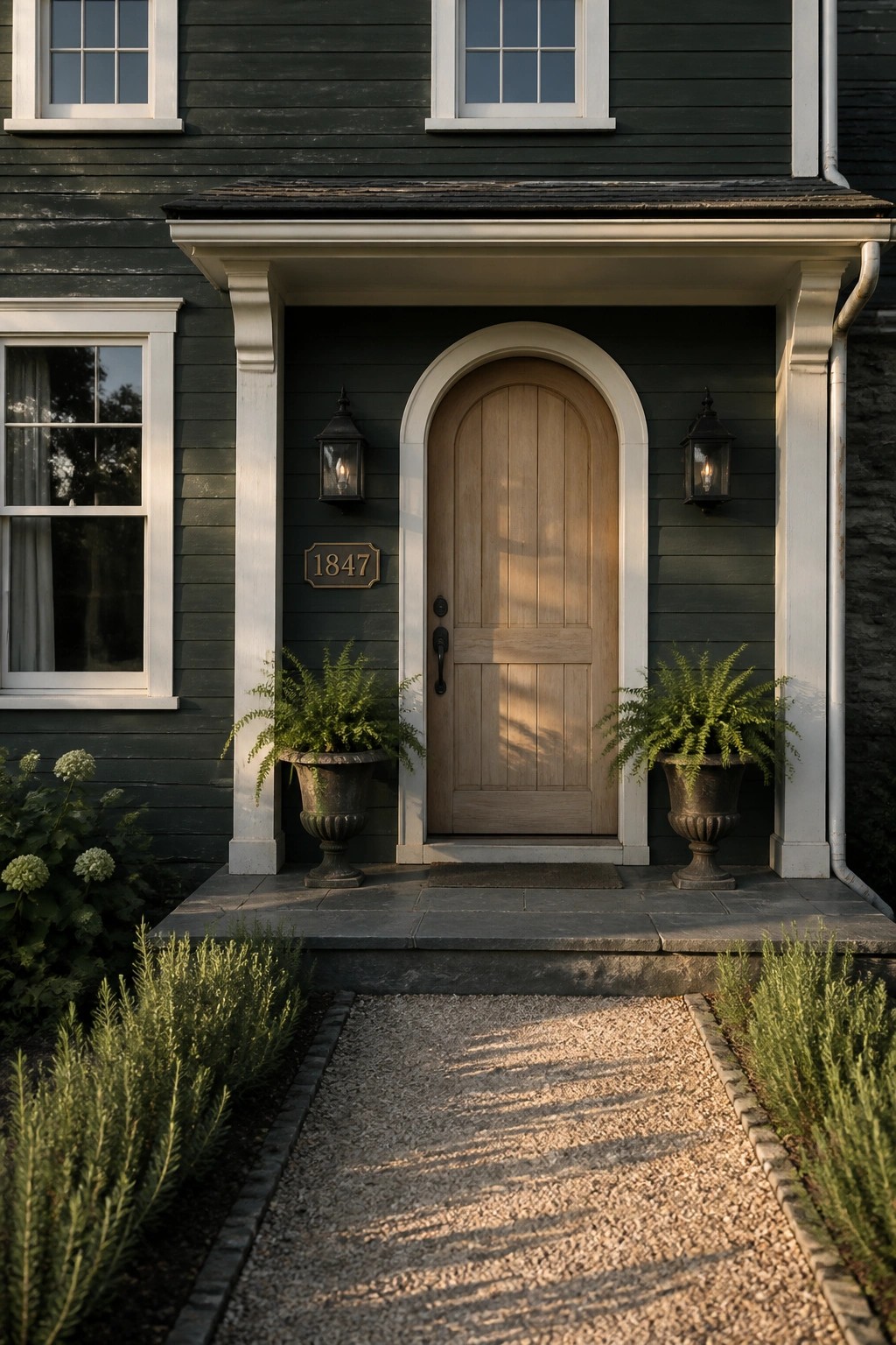 Dark green siding on a modern farmhouse exterior with white trim.