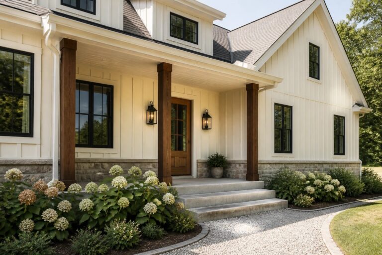 Modern farmhouse exterior with warm off-white siding and wood porch columns.