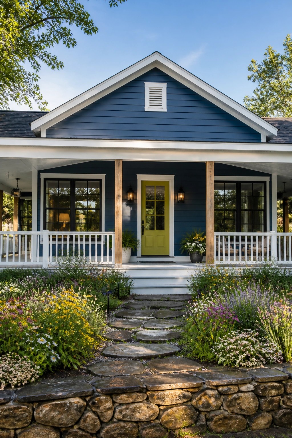 A modern farmhouse exterior painted in deep navy blue with white trim.