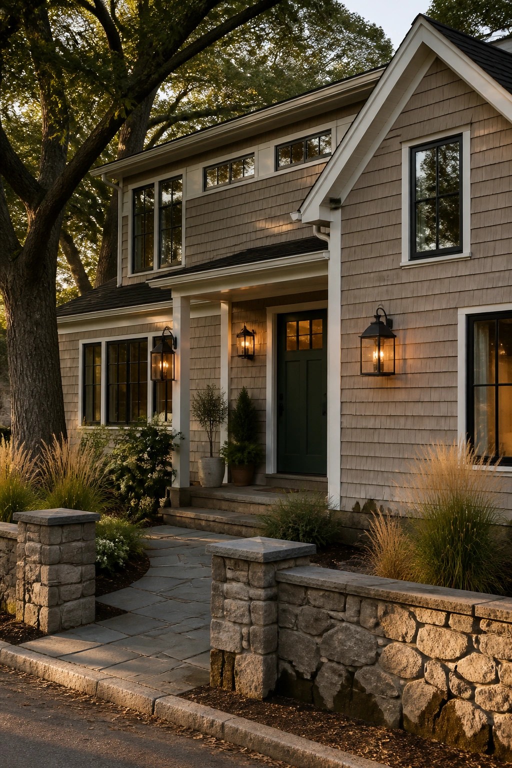 A house exterior finished in soft greige siding with white trim.