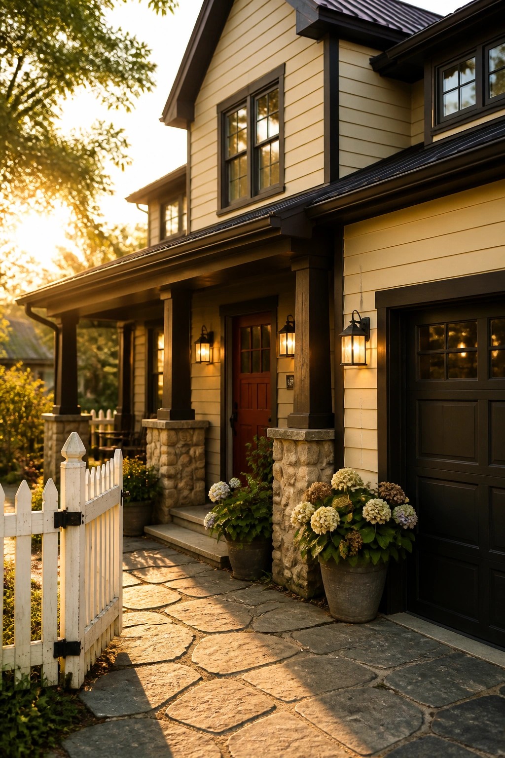 A modern farmhouse exterior painted in soft greige siding with dark trim.