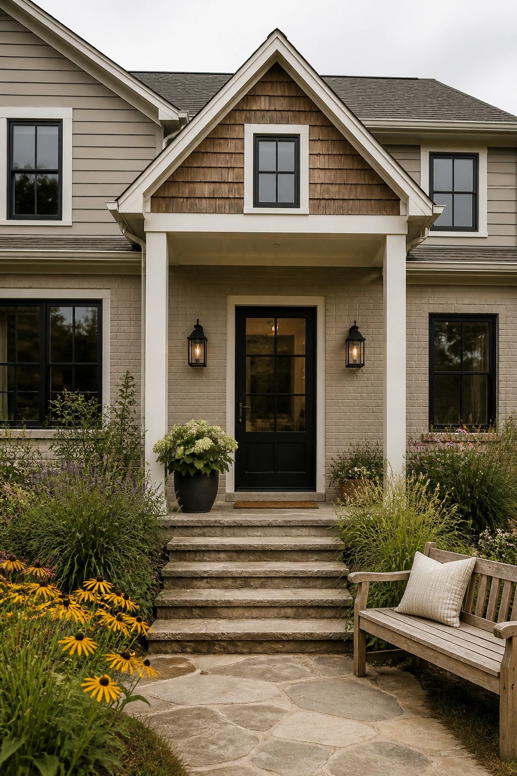 A modern farmhouse exterior with light greige siding and white trim.