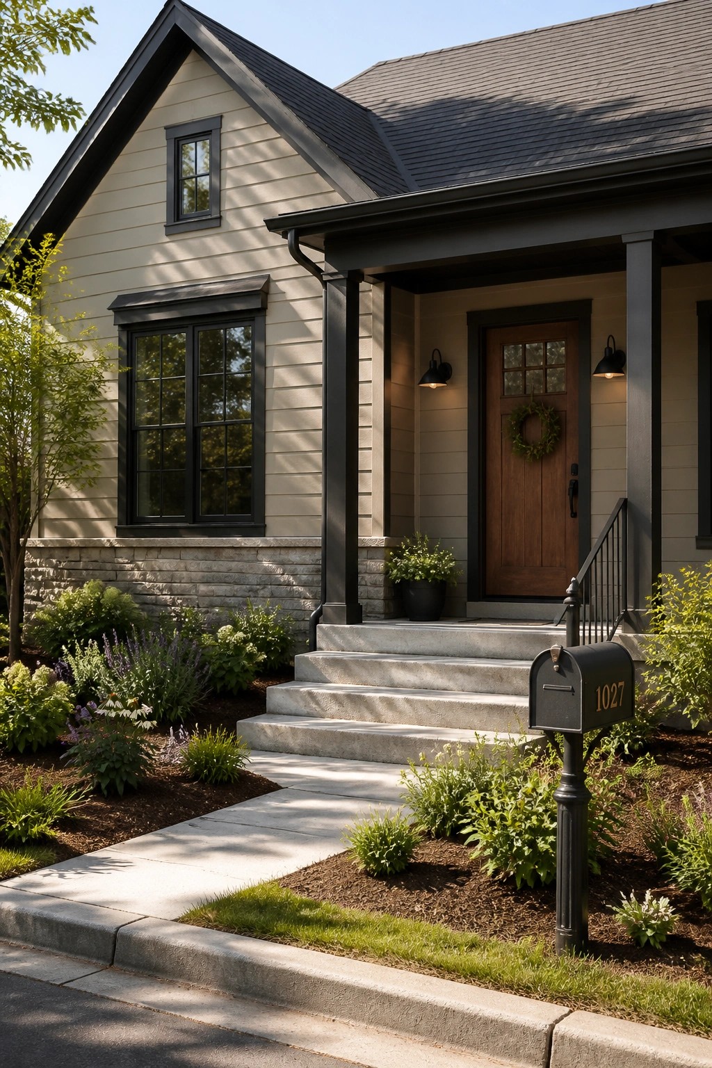 A modern farmhouse exterior with light greige siding and dark trim.