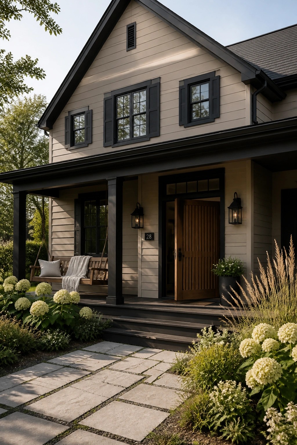 Light greige siding on a modern farmhouse exterior with black trim.