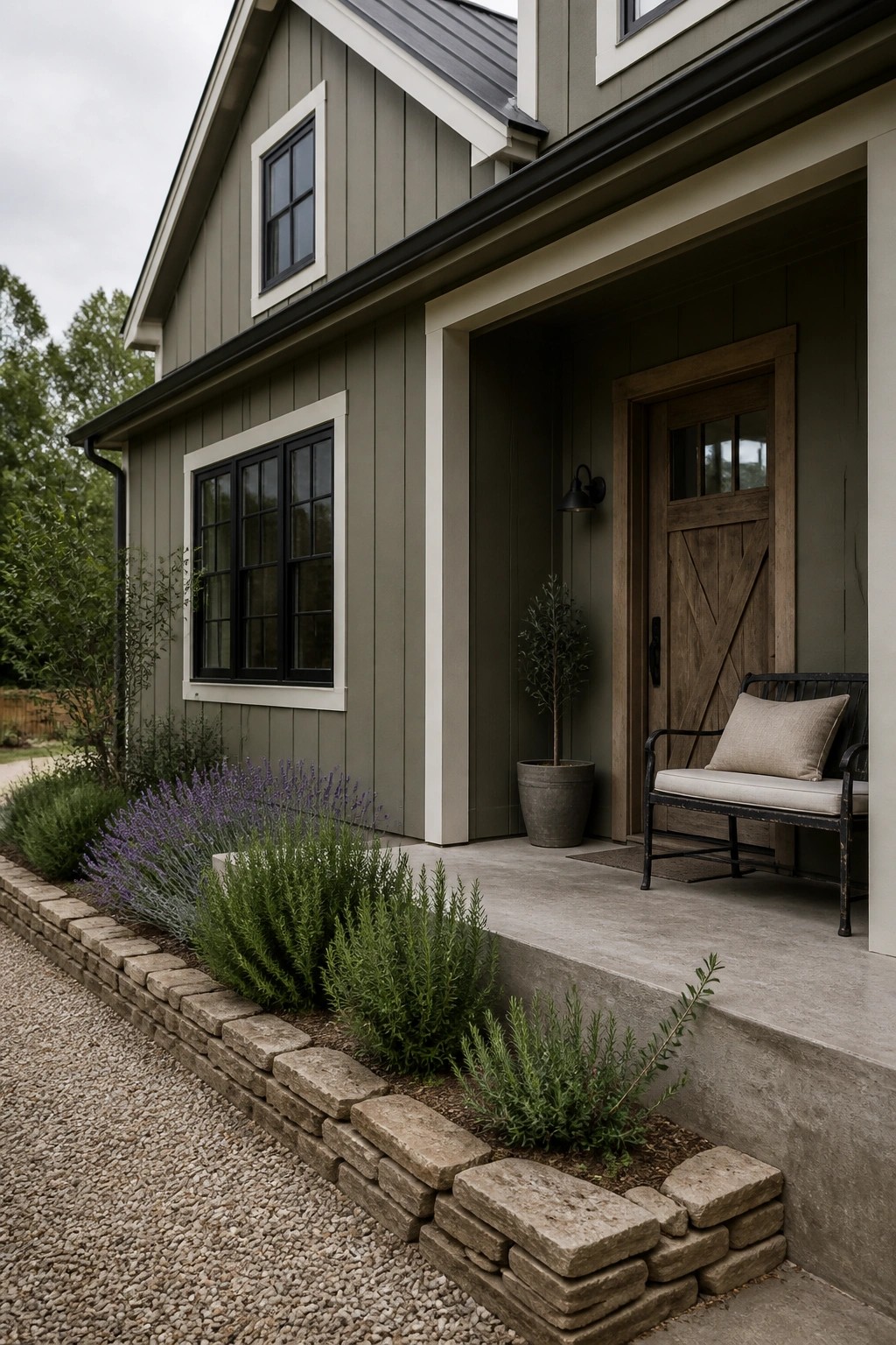A modern farmhouse exterior with muted sage green siding.