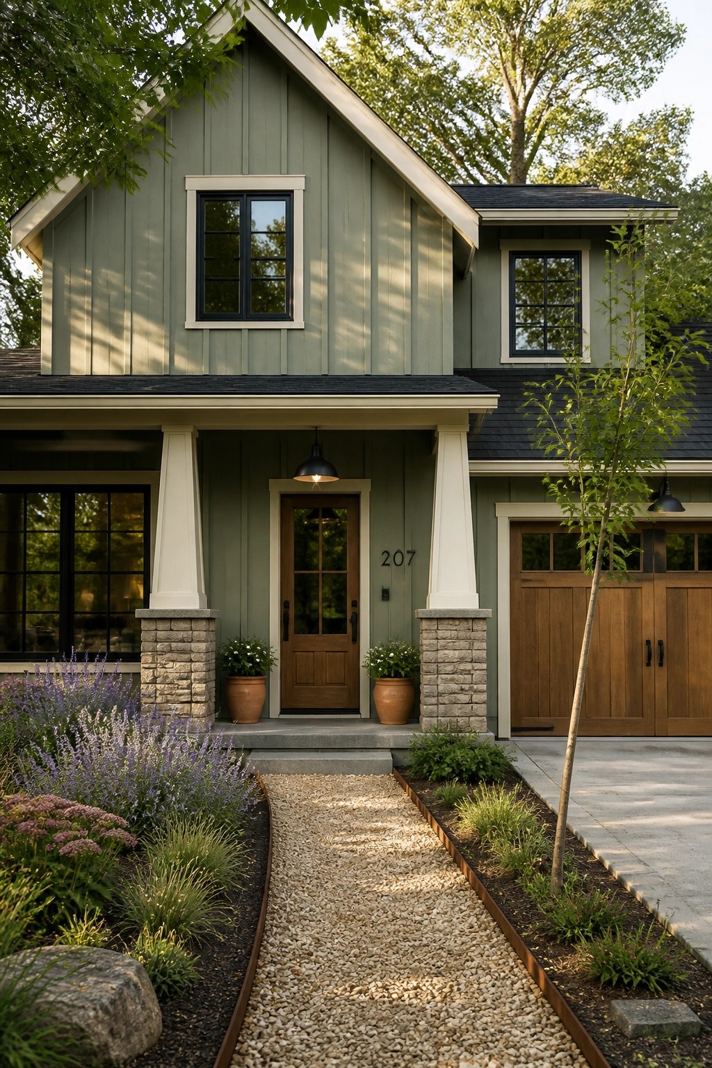 A modern farmhouse with muted sage green siding and white trim.